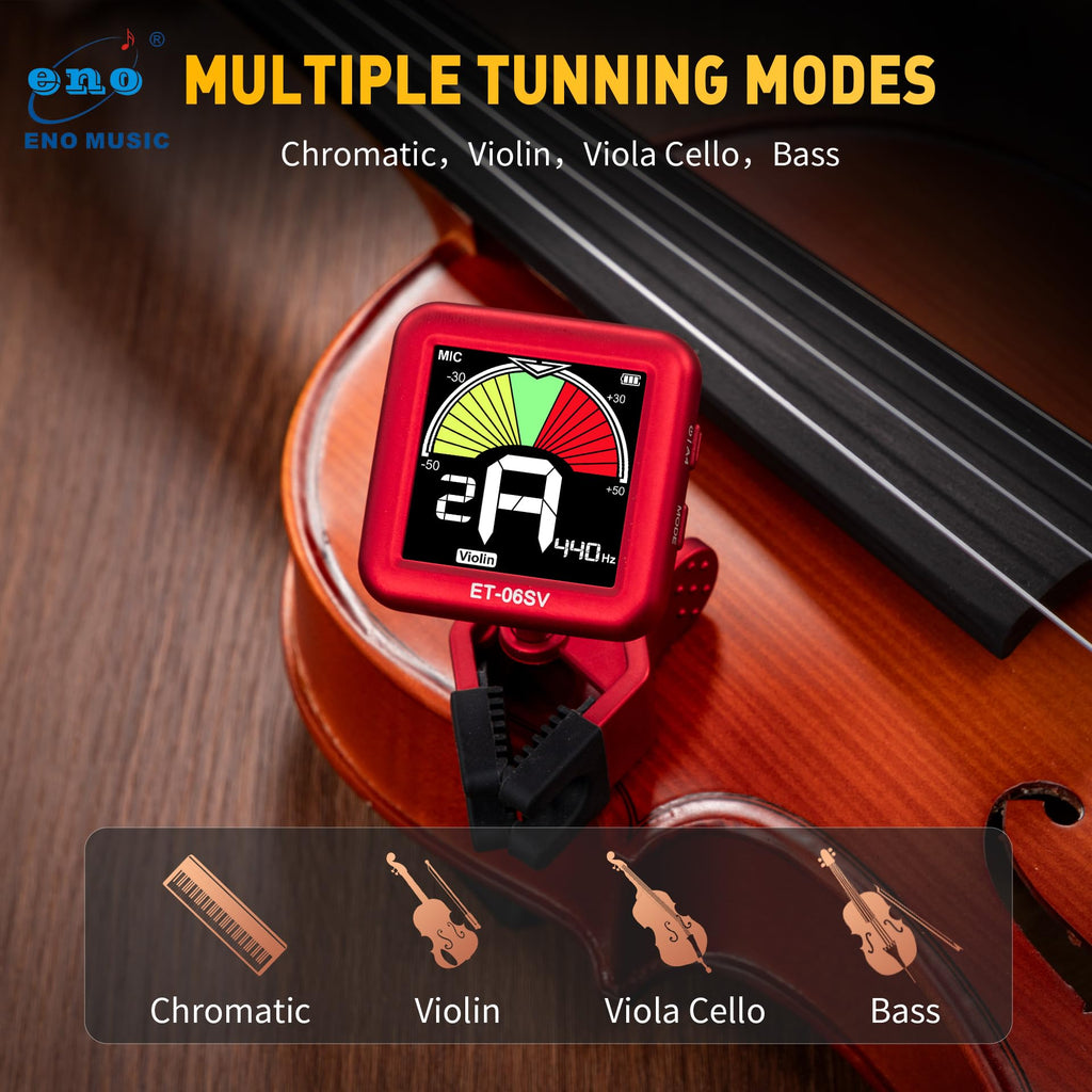 ENO MUSIC Rechargeable Type-C Quick Charge Easy Control Big LCD Display Easy Reading Clip-on Tuner for 4/4 Violin Viola Bass, Red