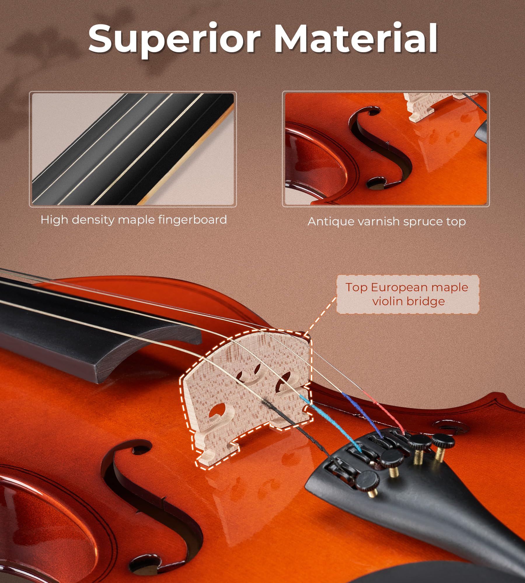 Vangoa 4/4 Solid Wood Acoustic Violin Full Size Fiddle Set for Beginner Adult Student Teen Kids with Violin Case, Bow, Rosin, Shoulder Rest, Tuner, Strings, Natural