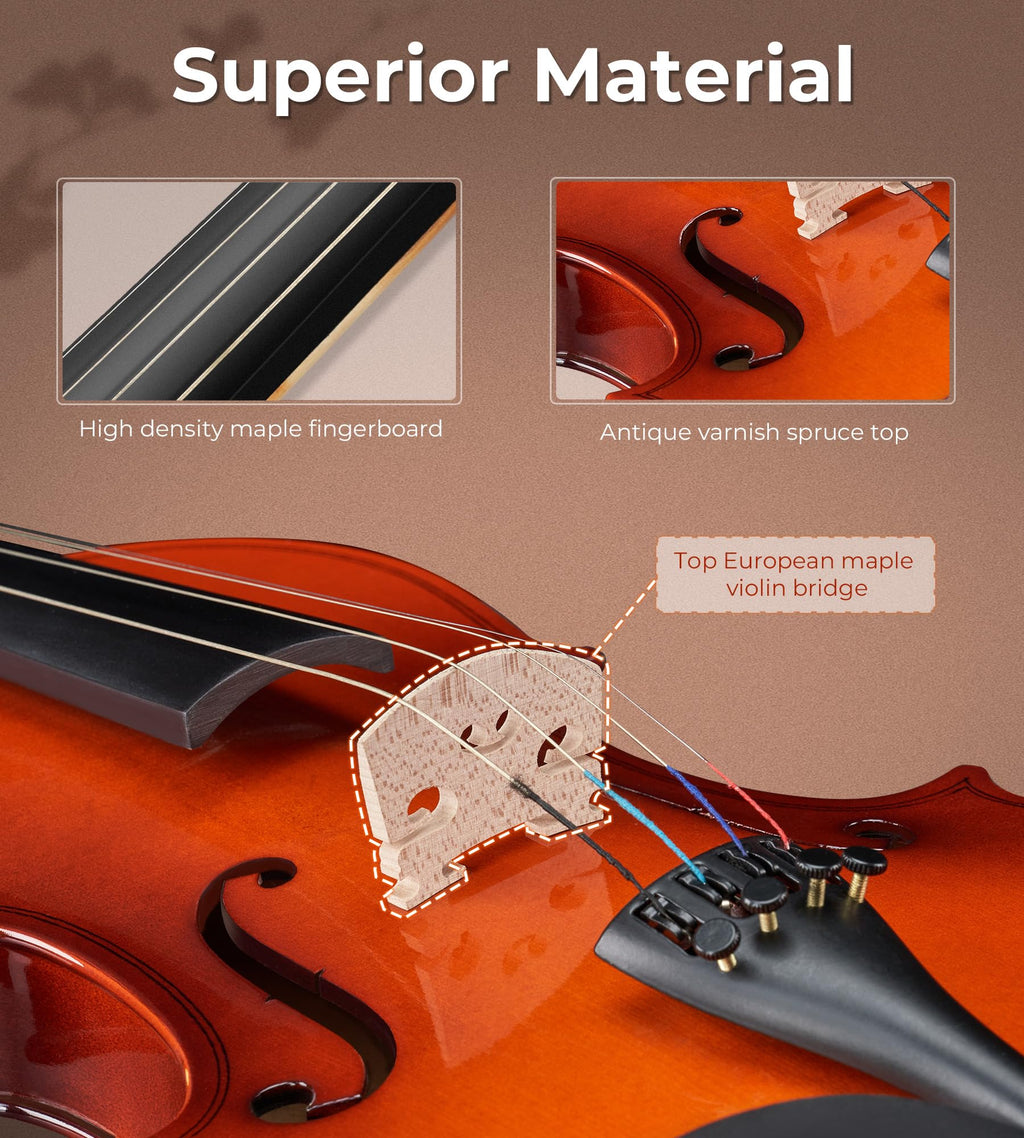 Vangoa 4/4 Solid Wood Acoustic Violin Full Size Fiddle Set for Beginner Adult Student Teen Kids with Violin Case, Bow, Rosin, Shoulder Rest, Tuner, Strings, Natural