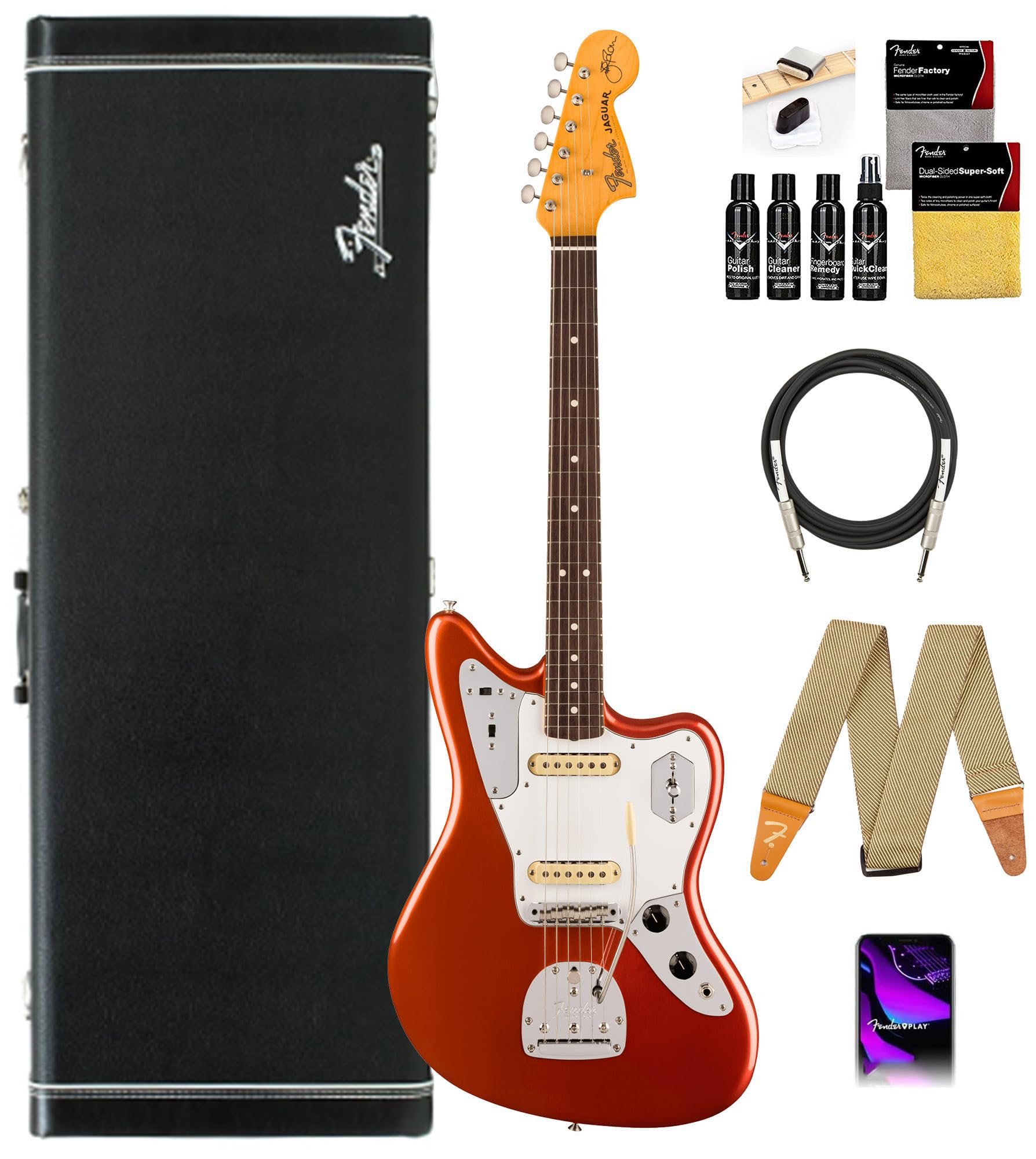 Fender Johnny Marr Jaguar - Olympic White Bundle with Tweed Case, Cable, Strap, and Guitar Cleaning Kit