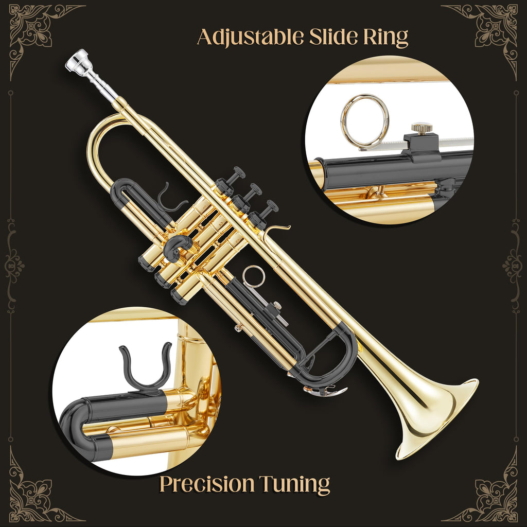 AKLOT Hand-Hammered Bell Bb Trumpet: Smooth Valve Action, Clear-Lacquered Brass Body, Standard Trumpet Beginner Set with Leather Case, Lesson Book, Trumpet Mute, Mouthpiece, Cleaning Kit (SNR-BrzSF)