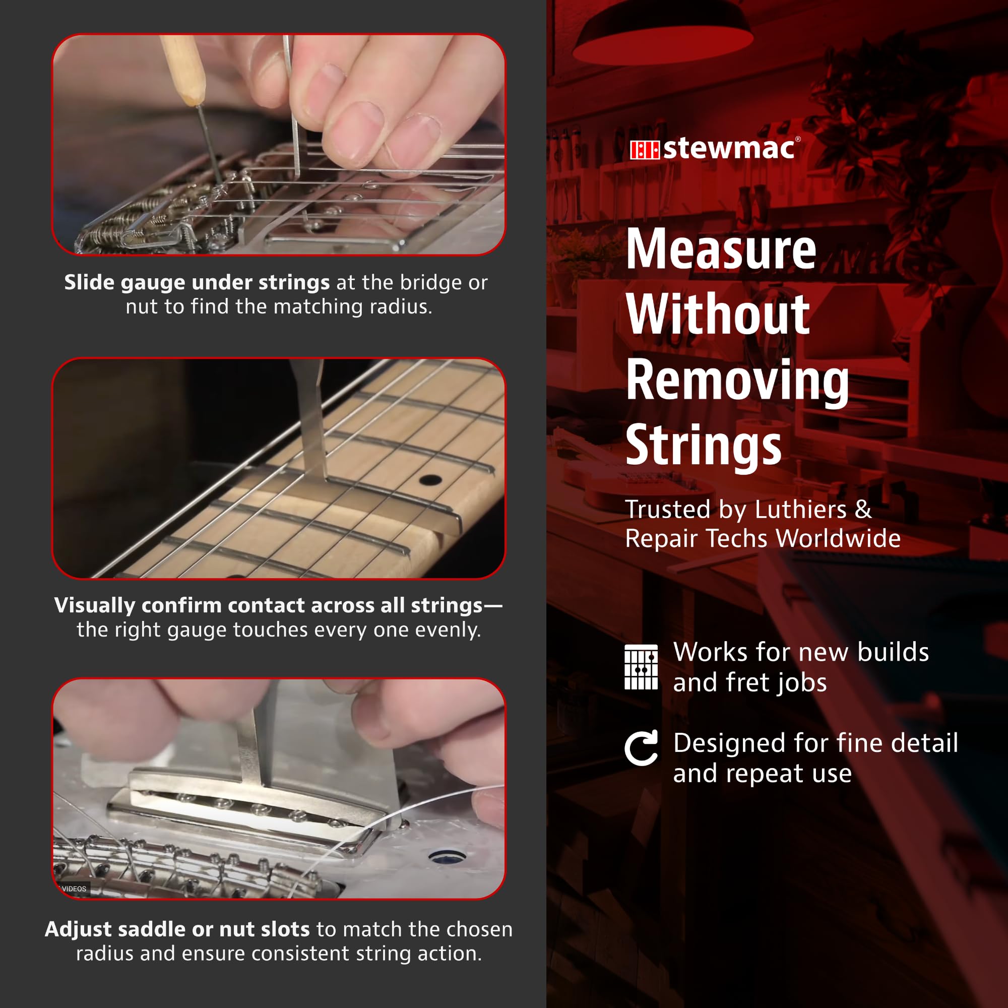 StewMac Understring Radius Gauges, Set of 9, Standard Width | 9 Radii: 7-1/4 to 20 Inch, Fits String Spreads to 2-5/8 In, Use with Strings On, 6-String Guitar and Most 4-String Bass