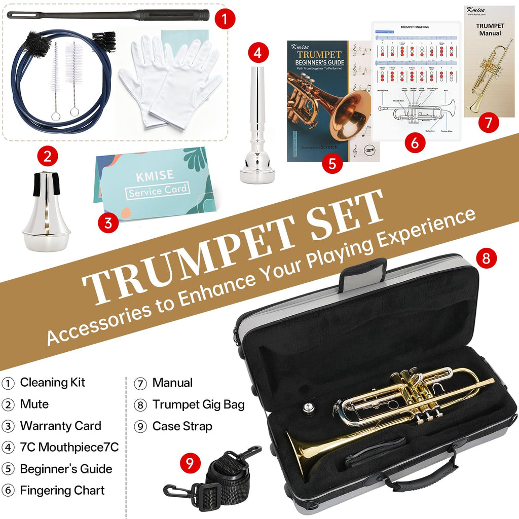 Kmise Bb Standard Trumpet, Premium Brass Trumpets for Student Beginner, Trumpet Instrument Set with Upgraded Case, 7C Mouthpiece, Mute, Beginner's Guide Kit, Cleaning Kit (Gold)