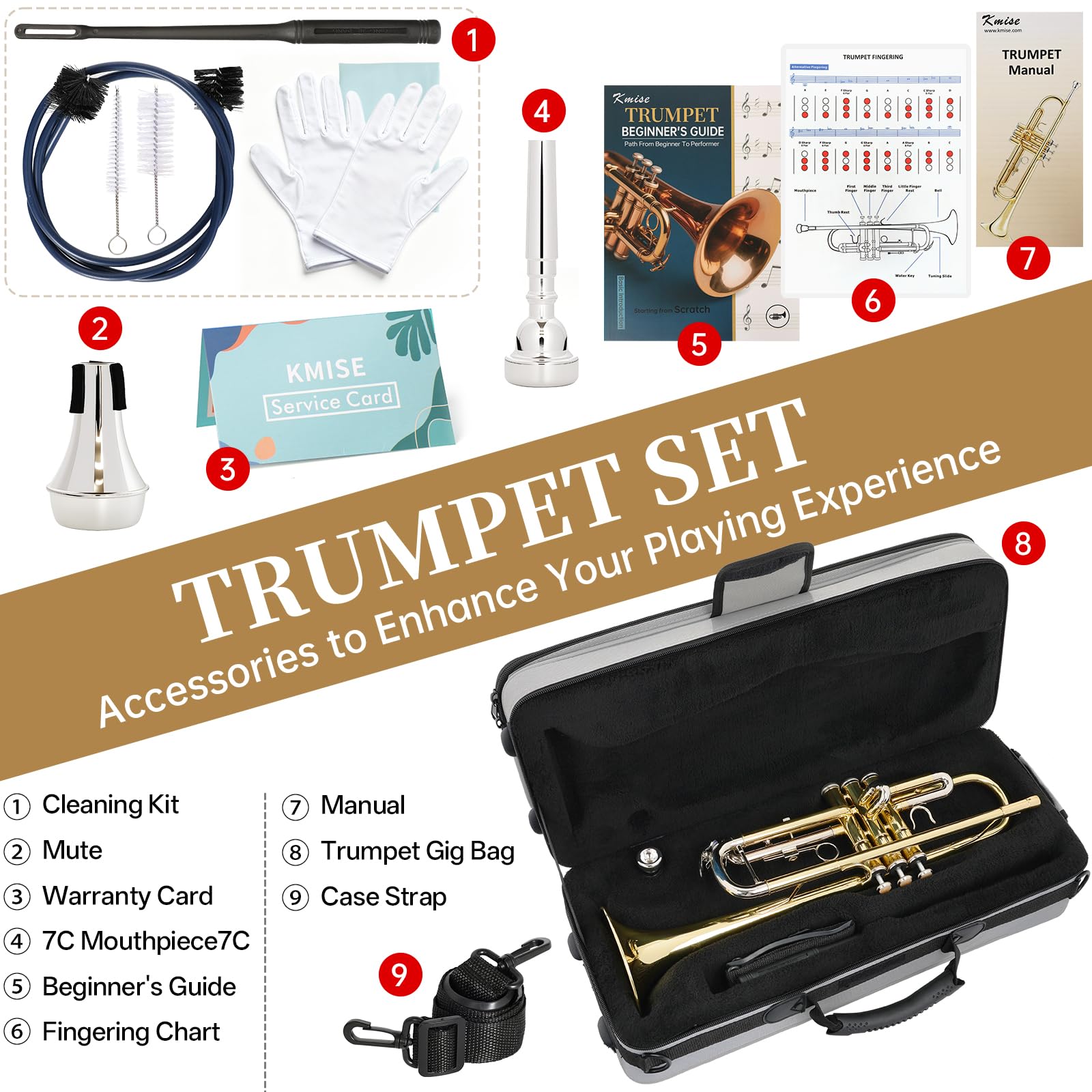 Kmise Bb Standard Trumpet, Premium Brass Trumpets for Student Beginner, Trumpet Instrument Set with Upgraded Case, 7C Mouthpiece, Mute, Beginner's Guide Kit, Cleaning Kit (Gold)