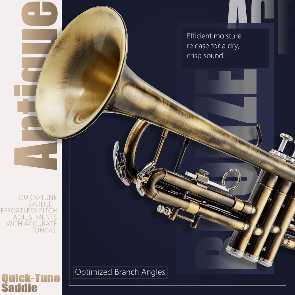 AKLOT Hand-Hammered Bell Bb Trumpet: Smooth Valve Action, Clear-Lacquered Brass Body, Standard Trumpet Beginner Set with Leather Case, Lesson Book, Trumpet Mute, Mouthpiece, Cleaning Kit (SNR-BrzSF)