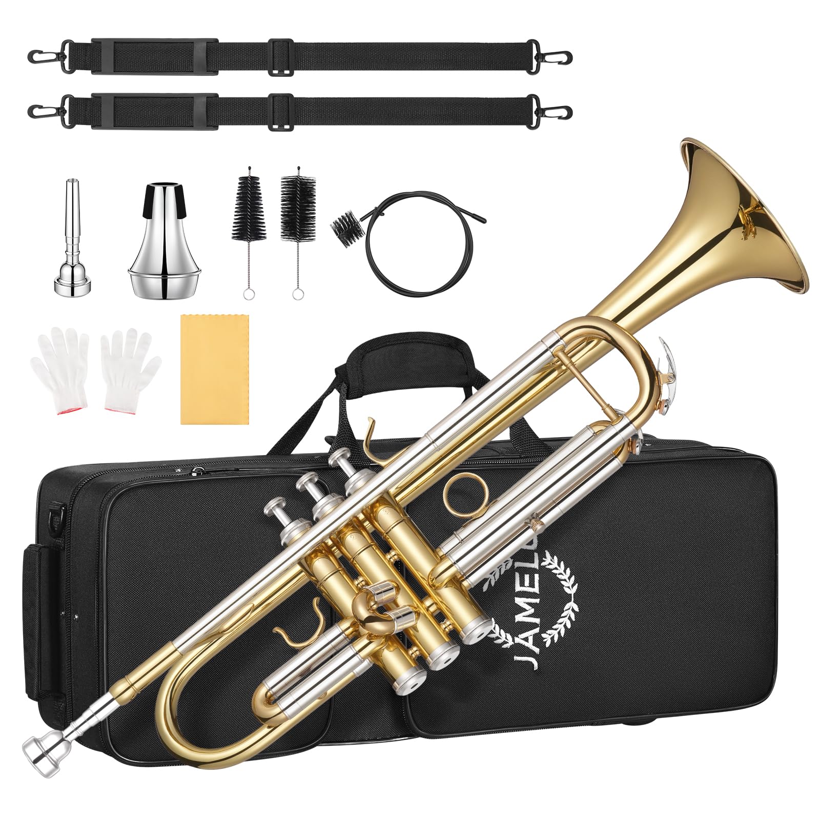 JAMELO Bb Standard Trumpet Set, Brass Trumpet Instrument for Student/Beginner with Carrying Case, 7C Mouthpiece, Cleaning Cloth and Gloves (TP-100, Gold)