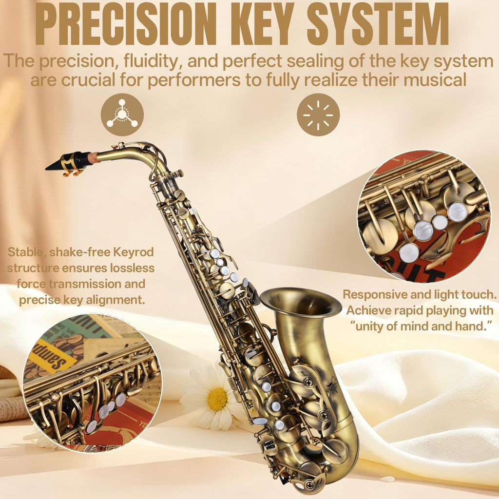Kmise E Flat Alto Saxophone, Lightweight Saxophones for Students Beginner, Saxofon Full Kit with Portable Case, Sax Stand, Strap, Reeds, Beginner's Guides, Mute, Cleaning Kit (Gold Lacquer)