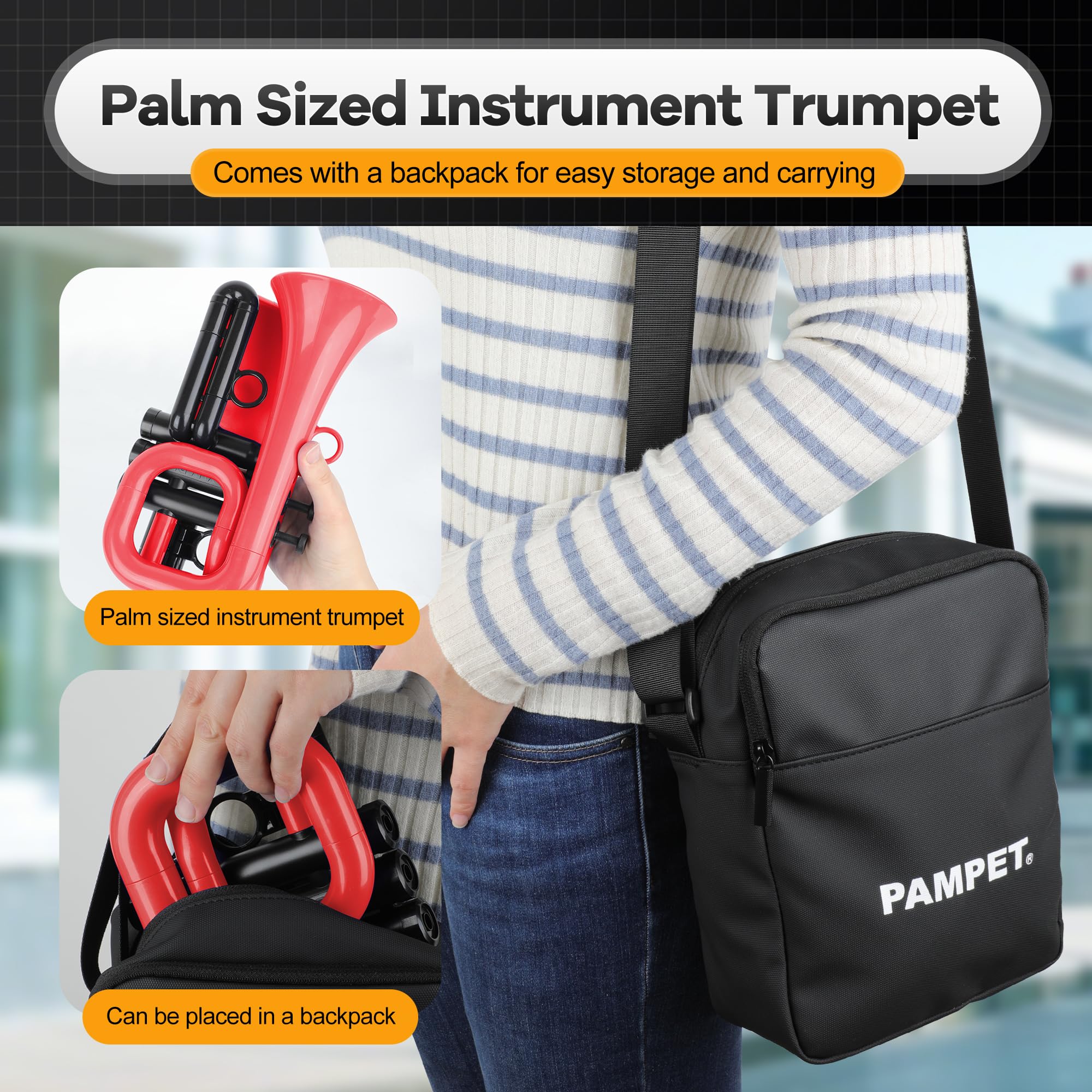 PAMPET DOLPHIN Pocket Trumpet Plastic Bb Trumpet Standard Trumpets for Student Beginner Bb Trumpets Instrument (Black)