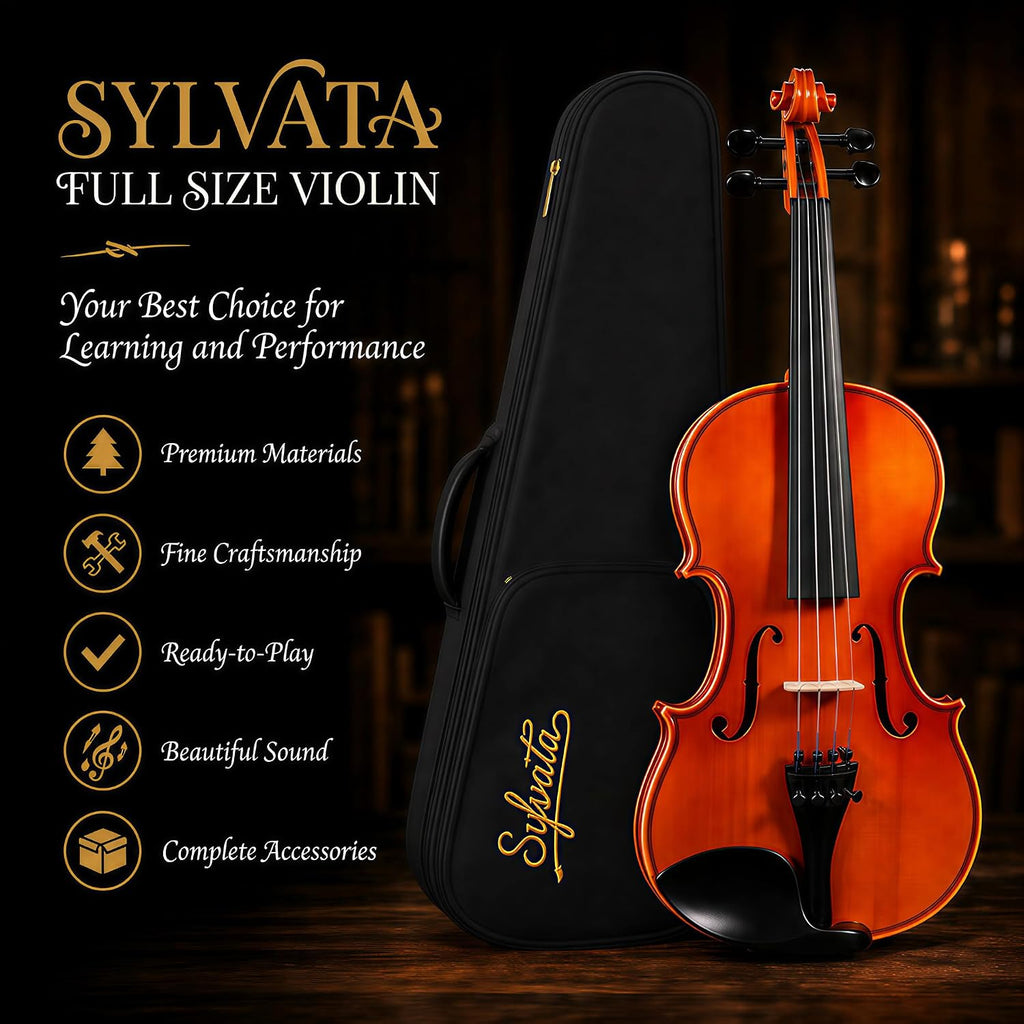 Handcrafted Solid Wood Violin 4/4 Full Size, Acoustic Fiddle with Gradient Finish, Ebony Fingerboard & Fittings, High-End Full Size Violin Kit with Ebony Bow, Alice Strings, and Deluxe Case