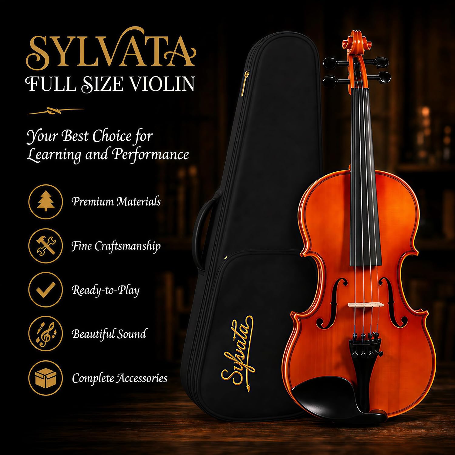 Handcrafted Solid Wood Violin 4/4 Full Size, Acoustic Fiddle with Gradient Finish, Ebony Fingerboard & Fittings, High-End Full Size Violin Kit with Ebony Bow, Alice Strings, and Deluxe Case