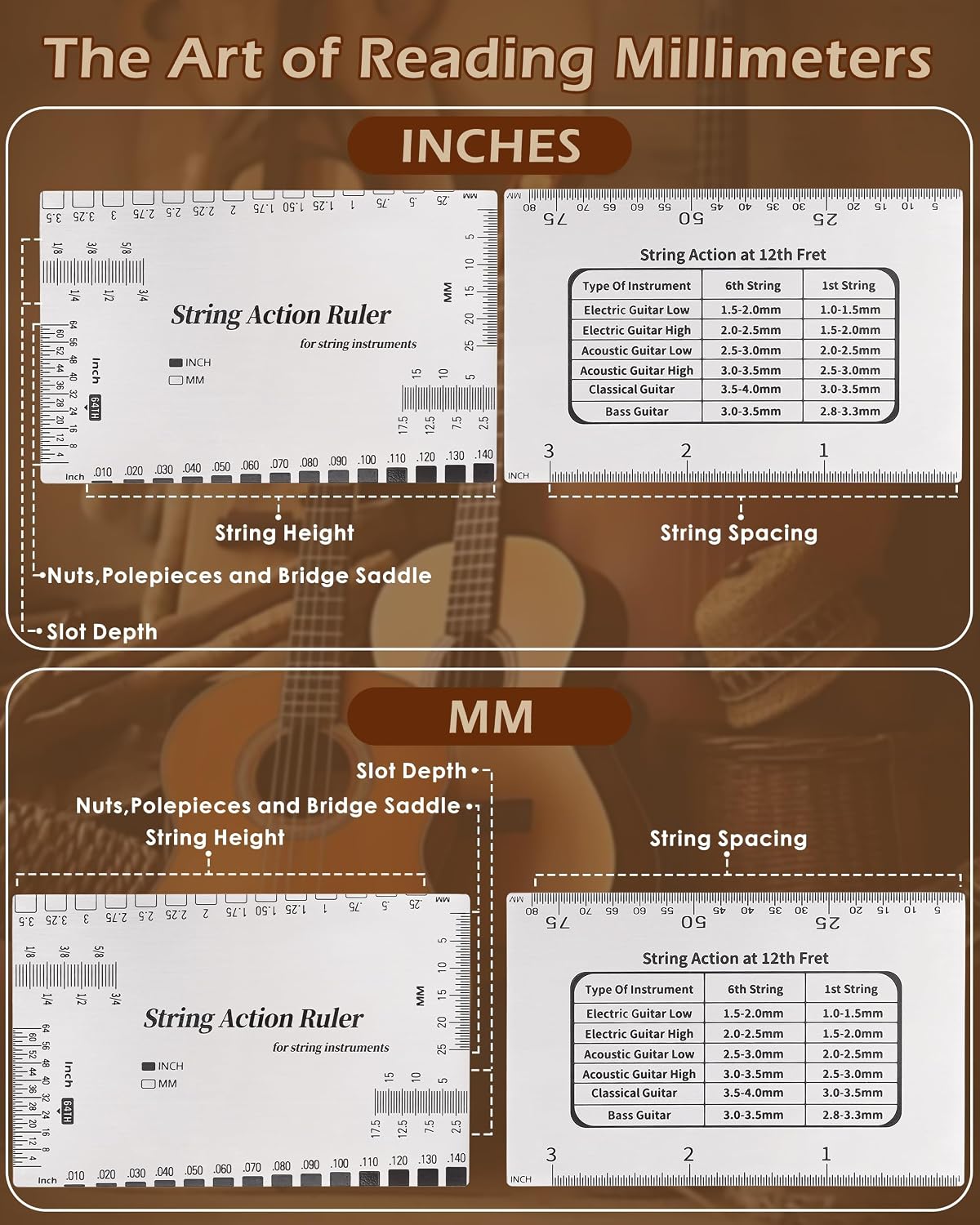 Guitar String Action Gauge Ruler, Professional Setup Tool with Dual mm and 1/64" Scales - for Electric, Acoustic, Bass Guitars - Includes Measurement Chart & Protective Sleeve