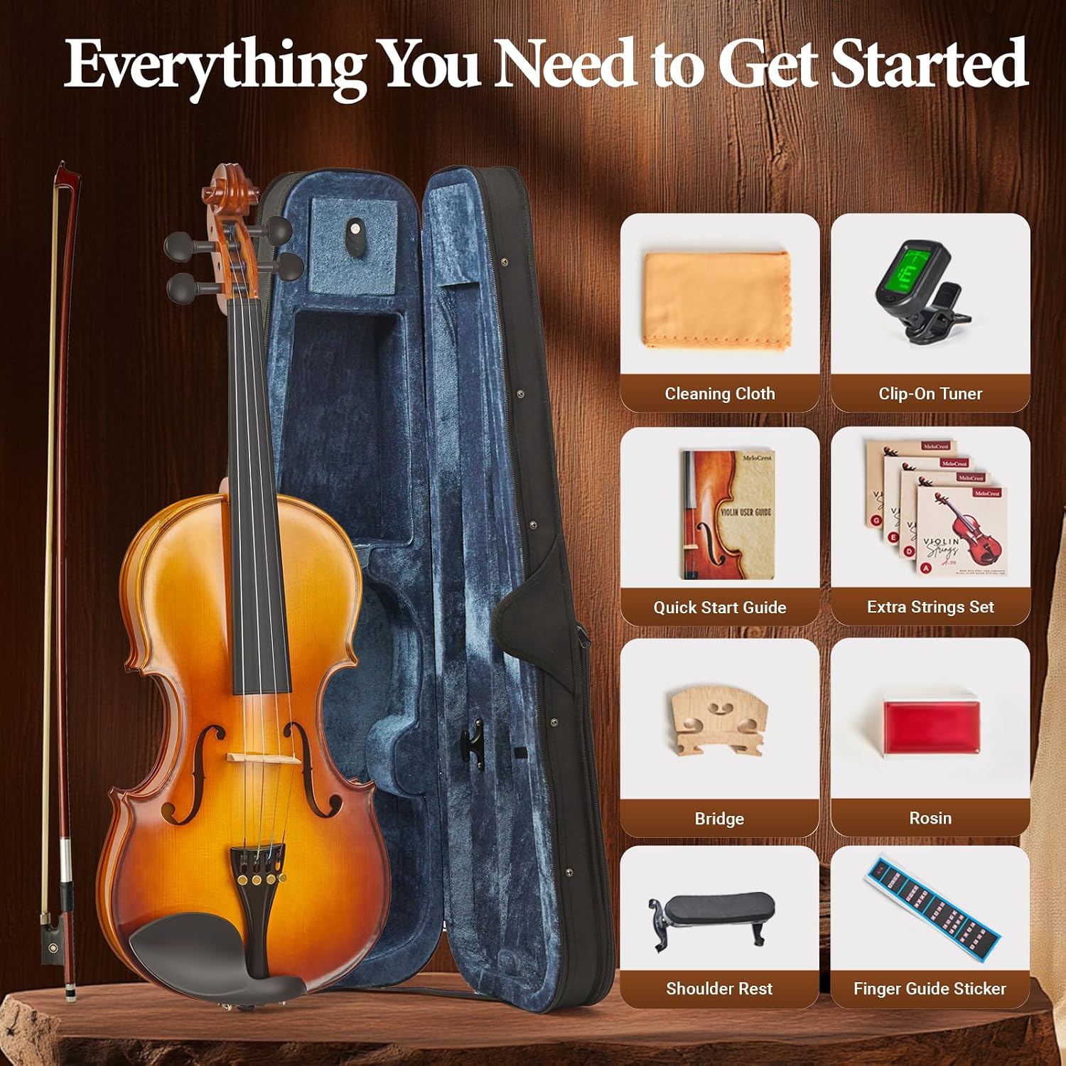 4/4 Full Size Acoustic Violin Set for Adult Beginners, Solid Spruce and Maple, Natural Gloss Finish, Brazilwood Bow, Hard Case, Tuner, Shoulder Rest, Rosin, Extra Strings