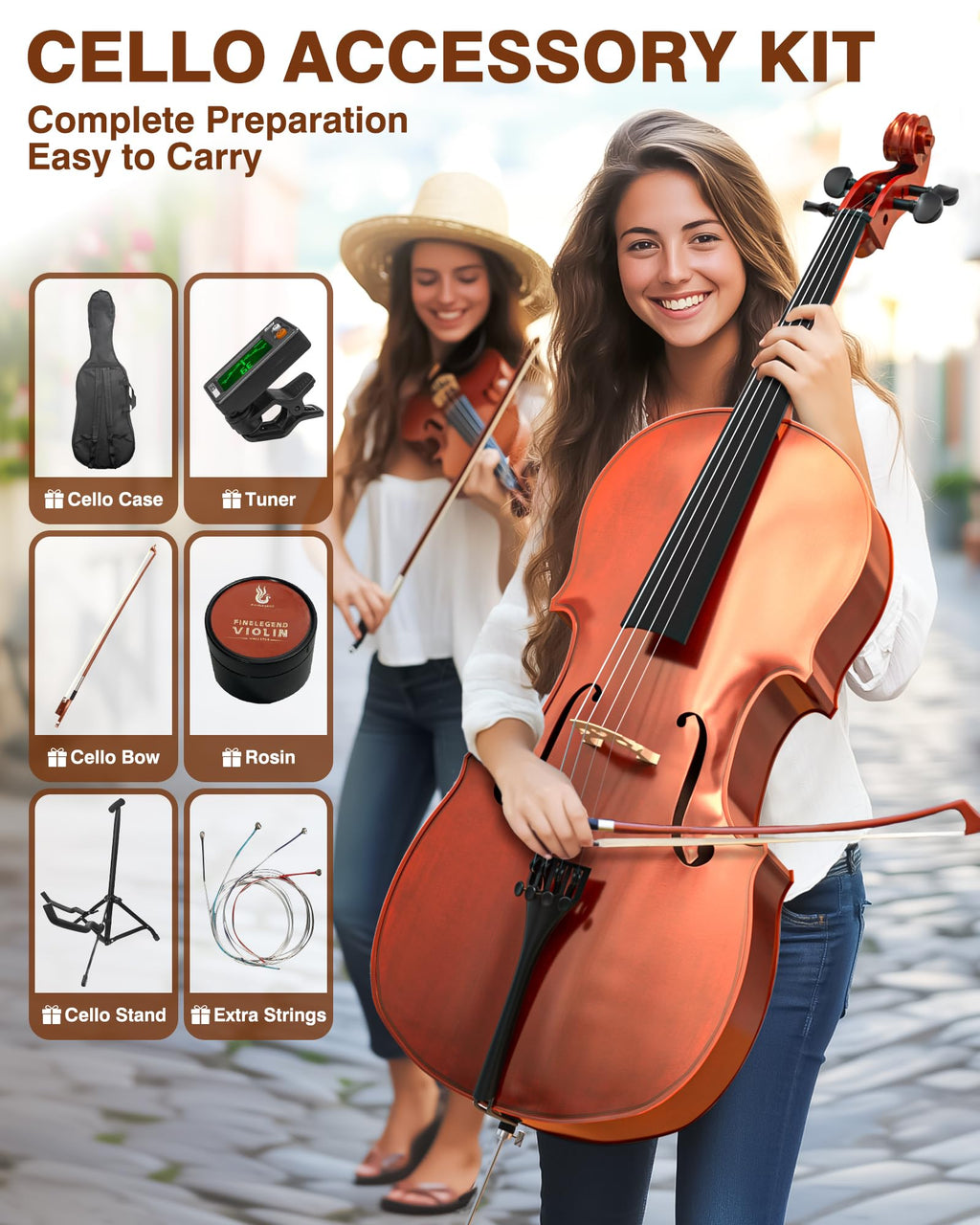 PYY Cello 4/4 Full Size - Solid Wood Acoustic Cello Package with Stand, Case, Bow, Rosin, Tuner & Extra Strings, Perfect for Students & Adult Beginners（Red）