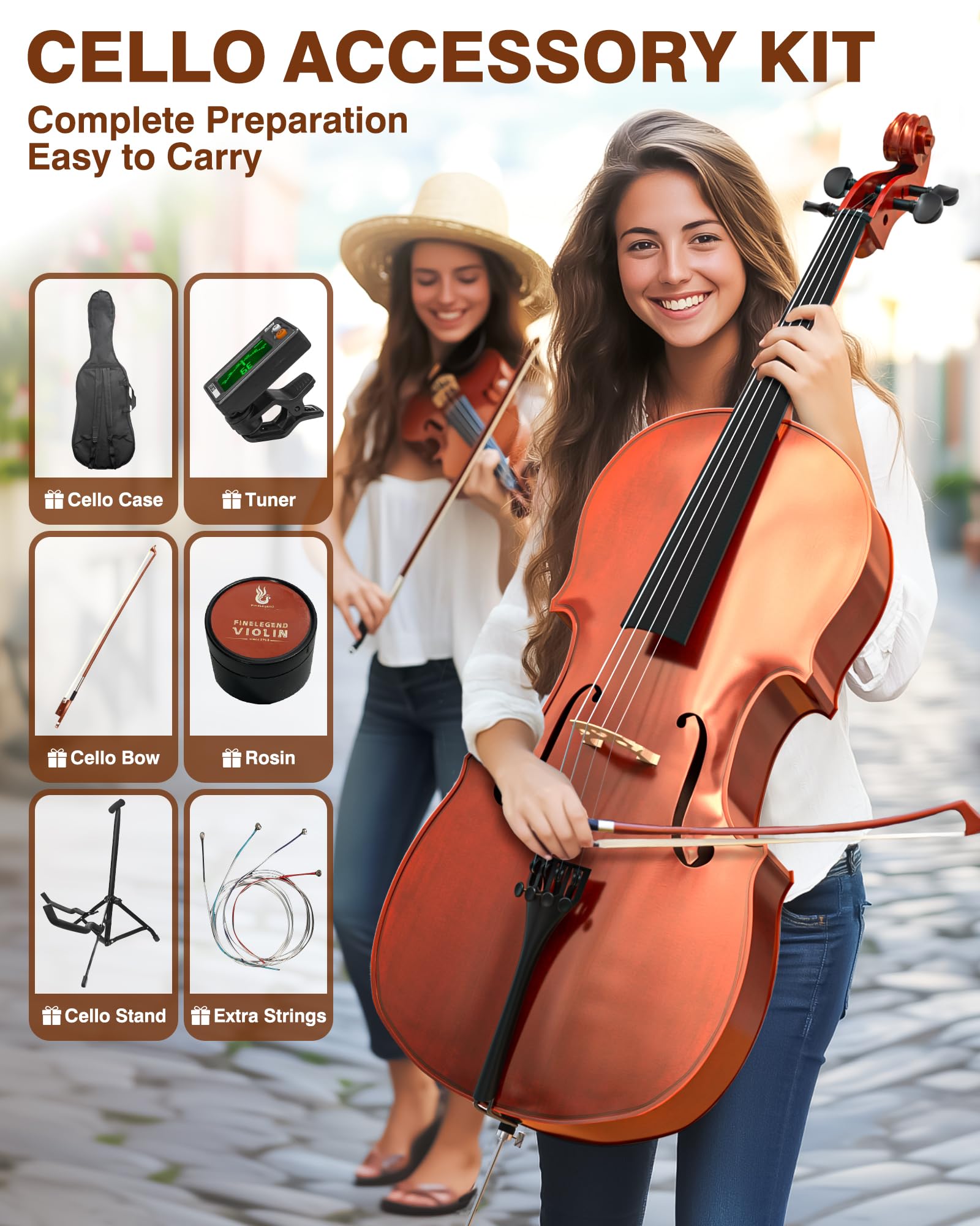 PYY Cello 4/4 Full Size - Solid Wood Acoustic Cello Package with Stand, Case, Bow, Rosin, Tuner & Extra Strings, Perfect for Students & Adult Beginners（Red）
