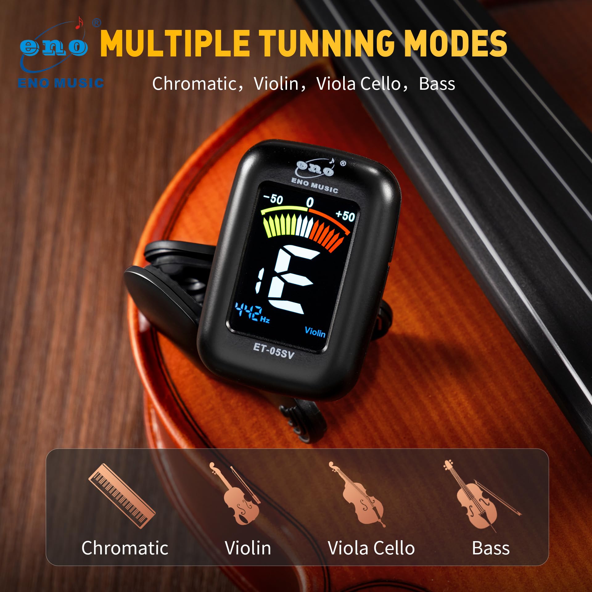ENO MUSIC Rechargeable Type-C Quick Charge Easy Control Big LCD Display Easy Reading Clip-on Tuner for 4/4 Violin Viola Bass, Red