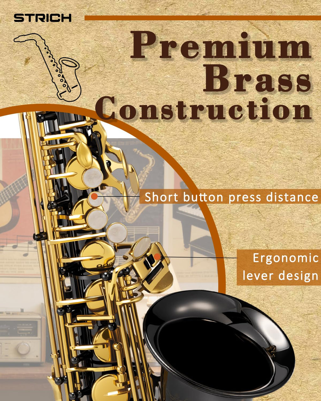STRICH Eb Alto Saxophone Brass Student Beginner Alto Sax Kit with Hard Case Stand Neck Strap Mouthpiece and Reeds for School Band Home Practice, SSA-31B, Black