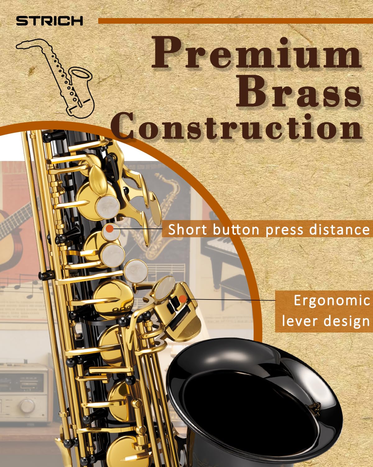 STRICH Eb Alto Saxophone Brass Student Beginner Alto Sax Kit with Hard Case Stand Neck Strap Mouthpiece and Reeds for School Band Home Practice, SSA-31B, Black