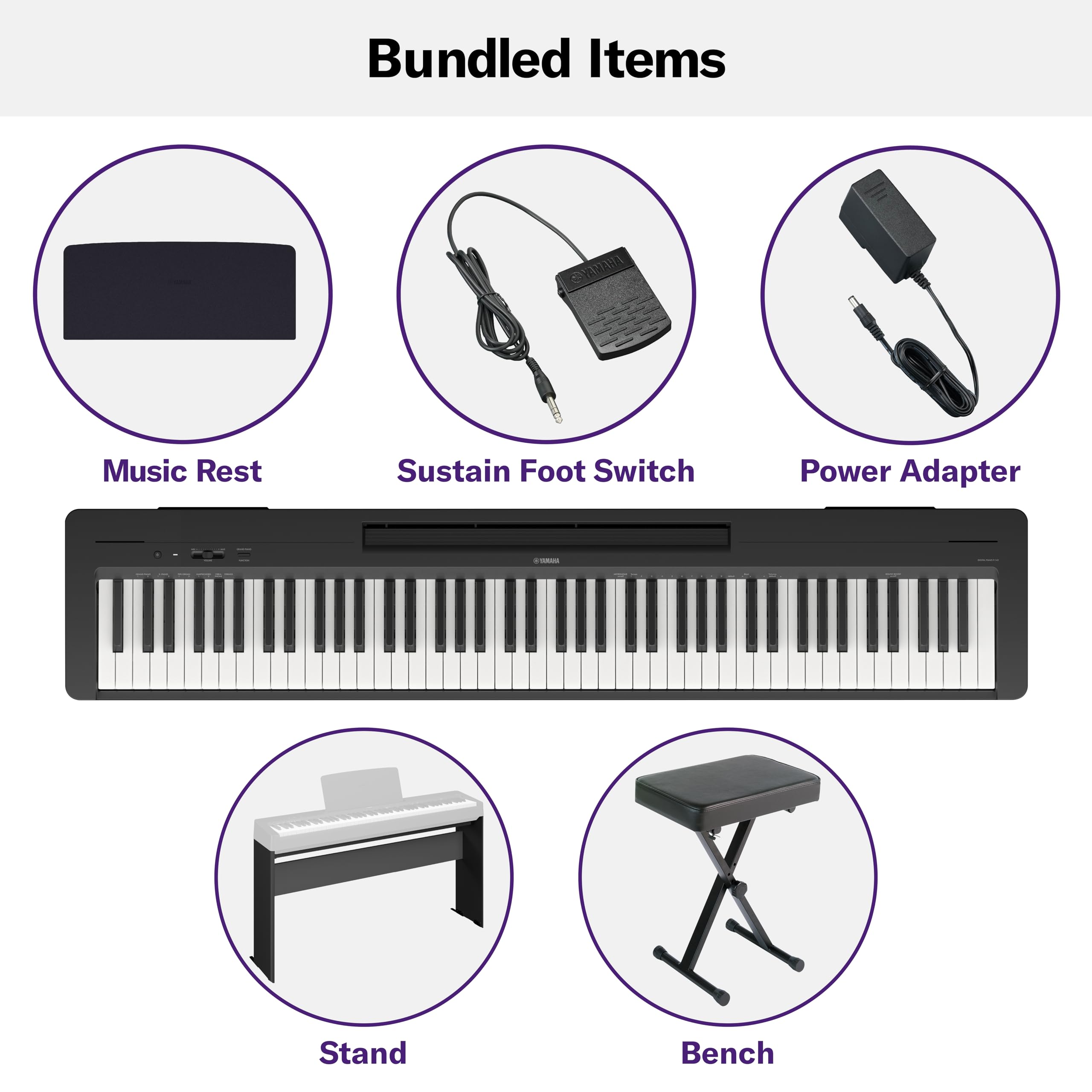 Yamaha P225 88-Key Digital Piano with Weighted Keys, Portable Design, Keyboard, Music Rest, Sustain Foot Switch, and Built-In Speakers, Black (P225B)