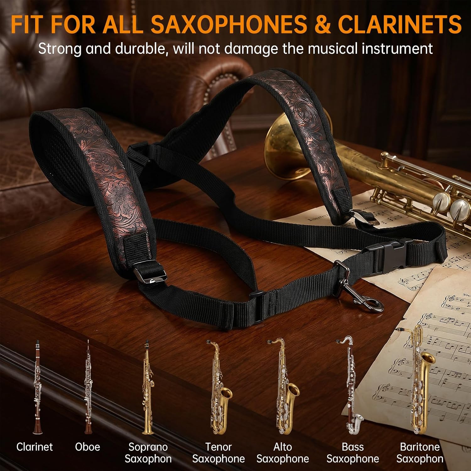 Hsei Saxophone Harness with Metal Snap, Adjustable Double Shoulder Saxophone Strap, Black Widened Thickened Design Sax Harness for Comfortable Support Alto Tenor Baritone Soprano