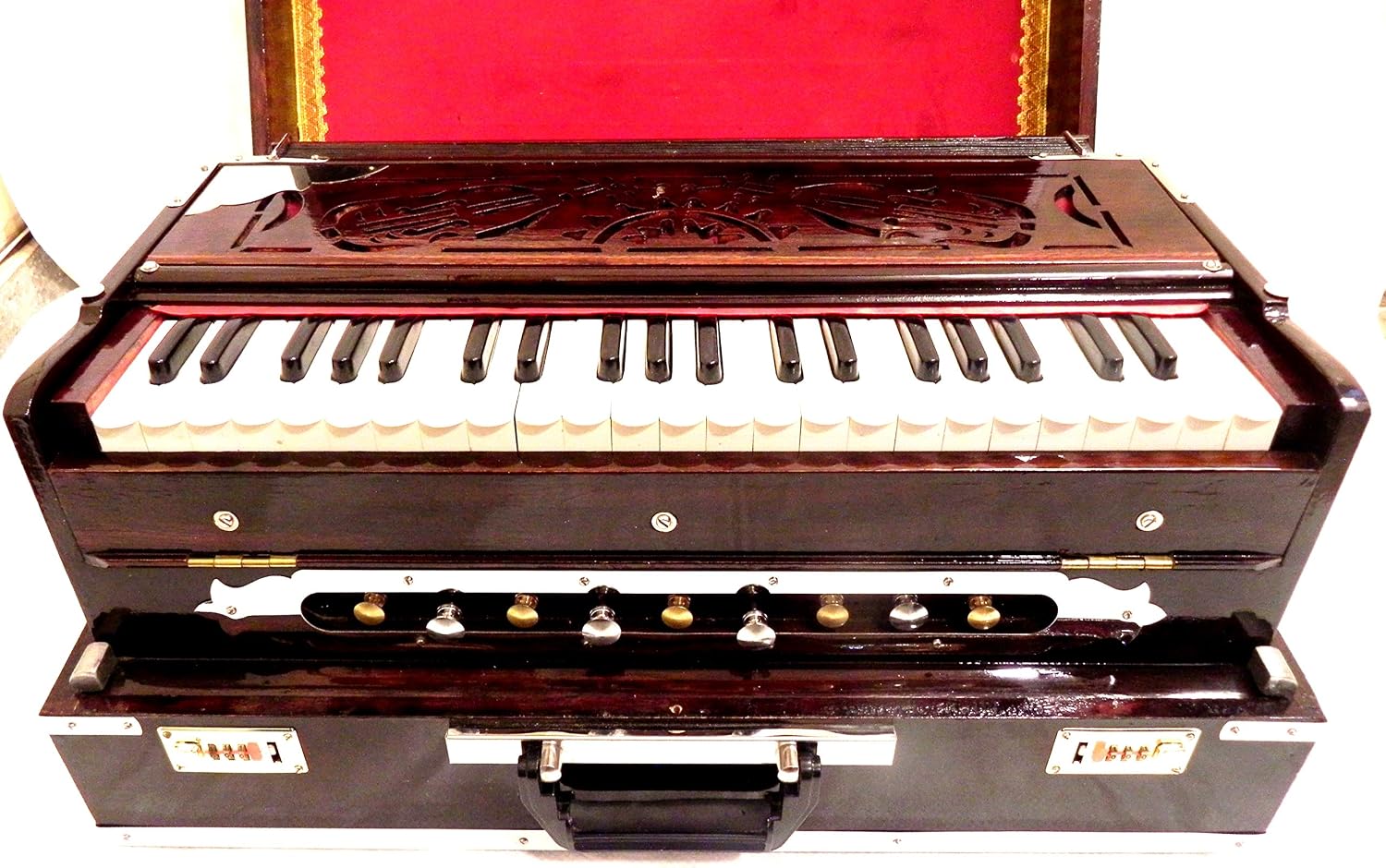 Brass Indian Handmade Deluxe Portable Harmonium, Dark Mahogany, 2 Reeds, 3.5 Octaves