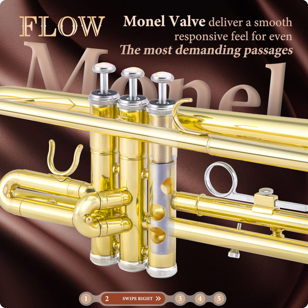ALLSET Bb Standard Trumpet for Beginners | Student Band, Orchestra, Pro Level Performance | Professional Brass Trumpet Kit with Hard Case, 7C Mouthpiece& Cleaning Kit | Gold