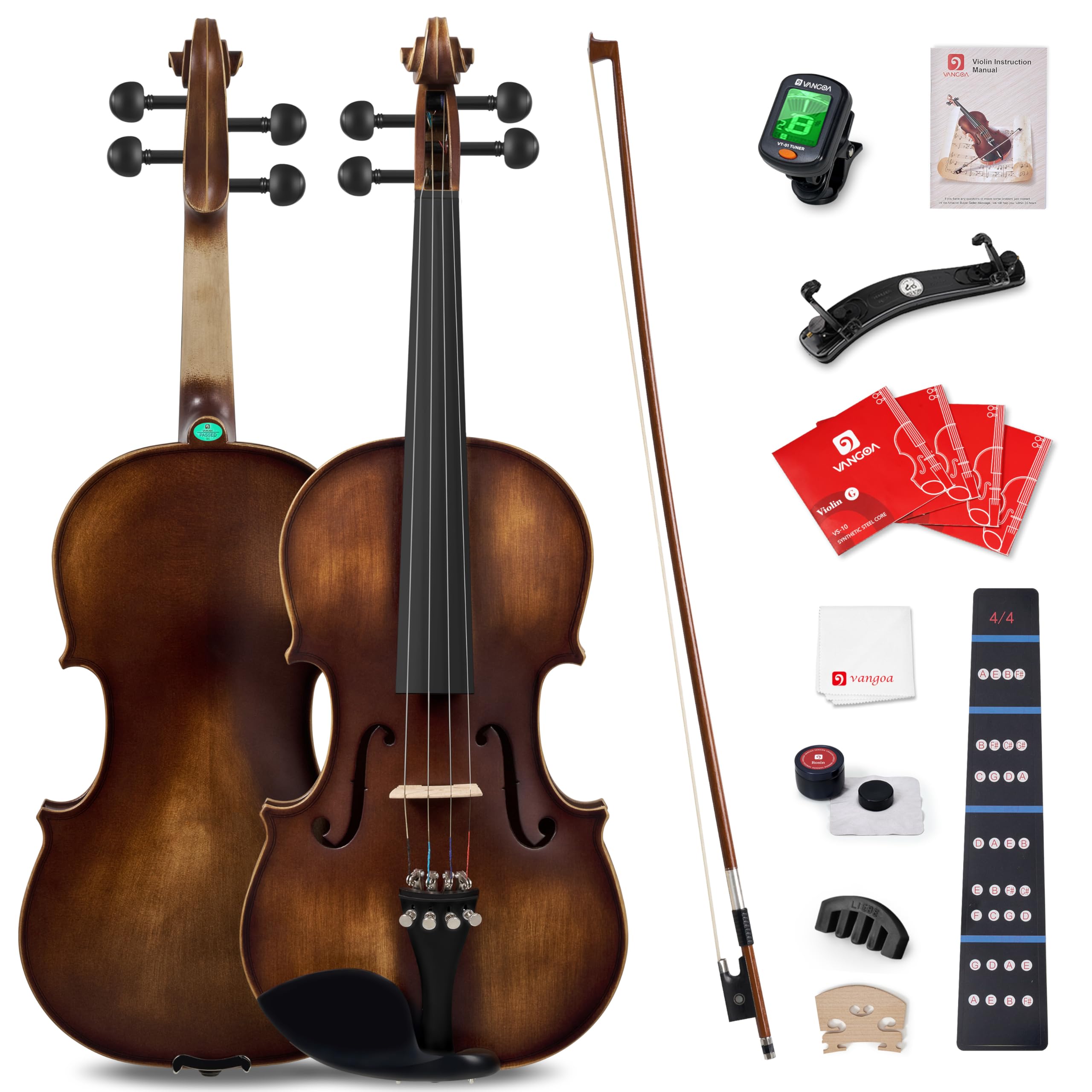 Vangoa Violin 4/4 Full Size Set, Varnish Fiddle Solid Wood for Professional Adults Senior Intermediate Beginners Student Starter Acoustic Violins Kit Outfit with Ebony Fitted, Hard Case, Right Handed
