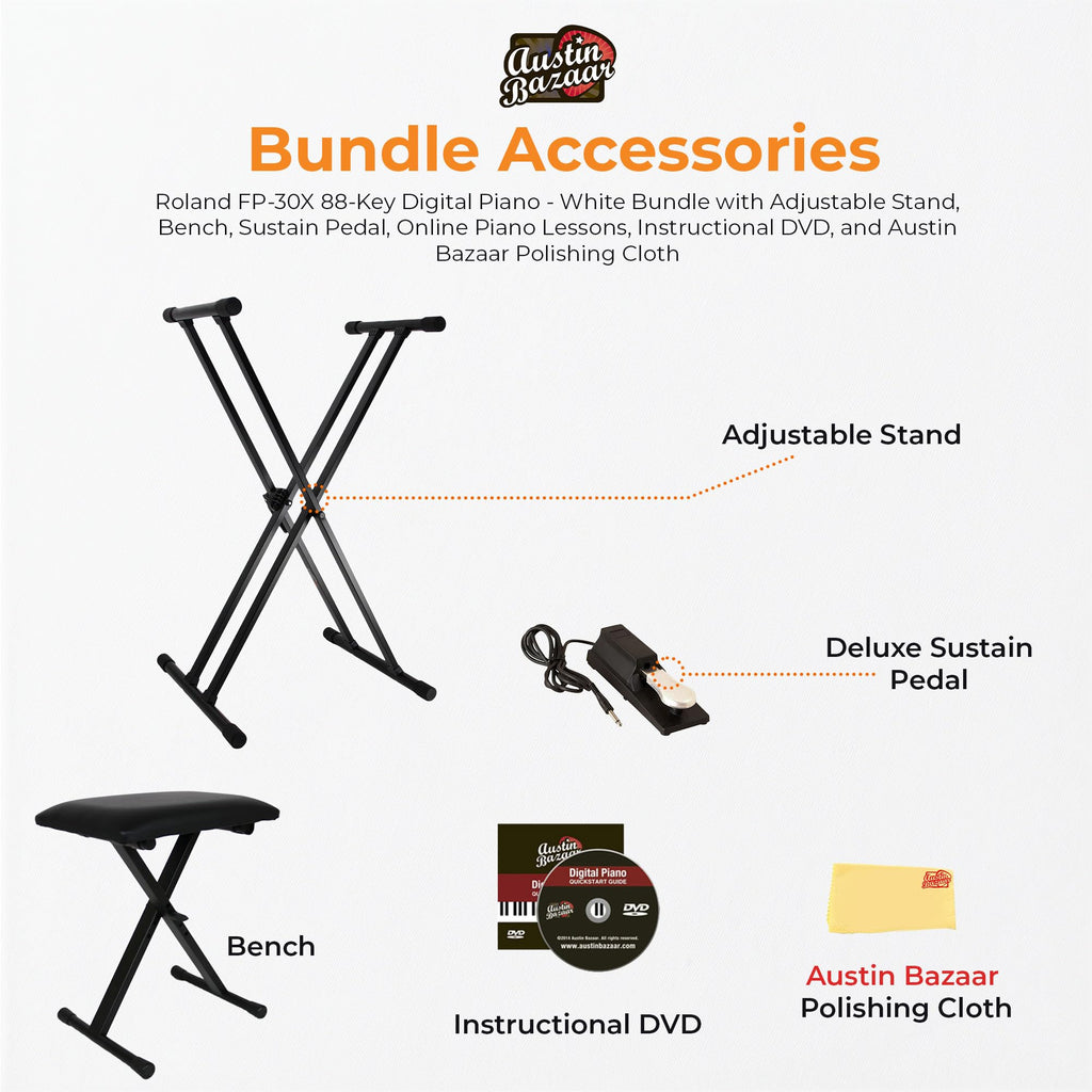 Roland FP-30X 88-Key Digital Piano - Black Bundle with Adjustable Stand, Bench, Sustain Pedal, Online Piano Lessons, Instructional DVD, and Austin Bazaar Polishing Cloth