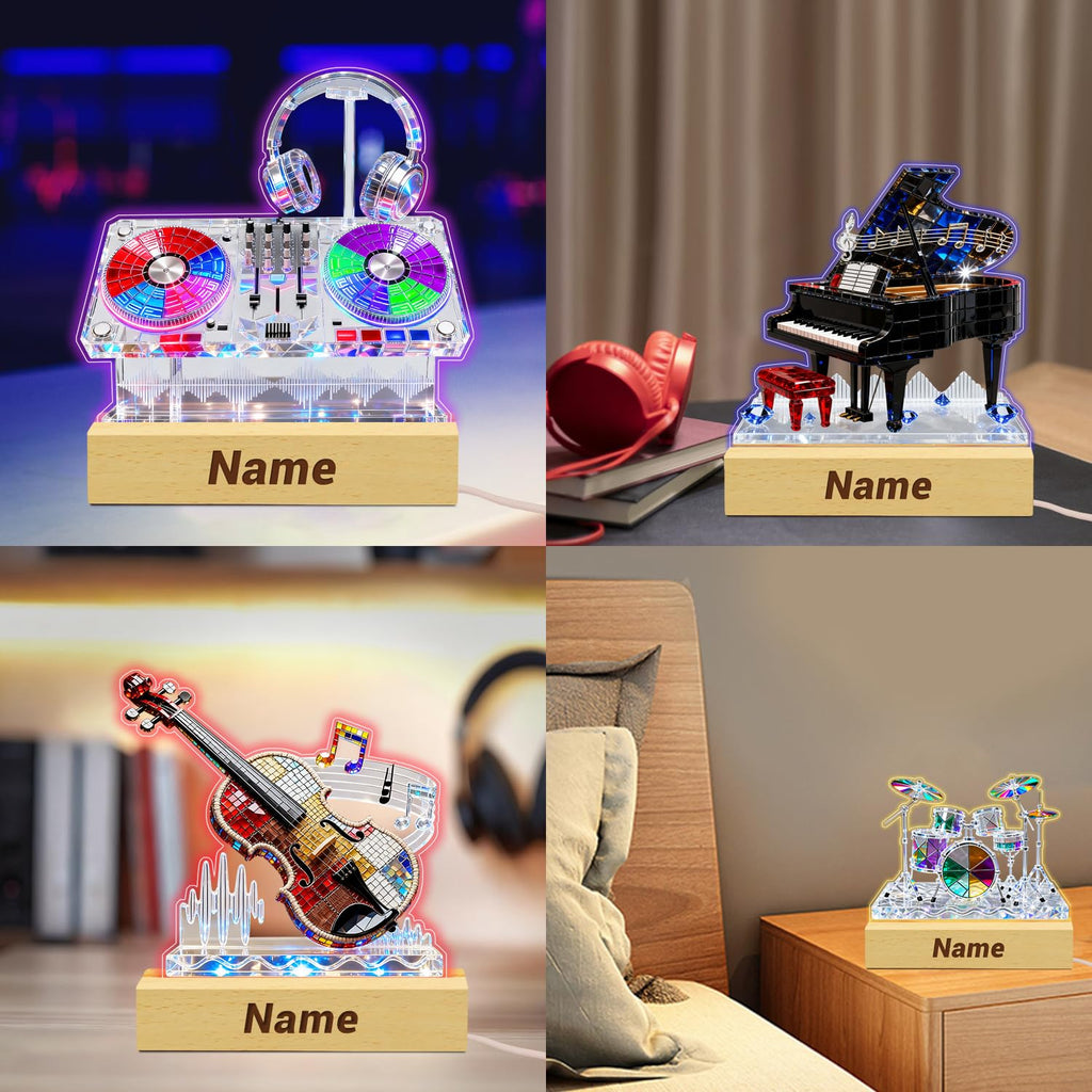 Personalized Name Violin Crystal Desktop Ornaments for Club Bedroom Office Custom Music Theme Stained Glass Acrylic Tabletop Plaque 2D Flat Electric Cello Figurine Sculpture for Violinist Cellist