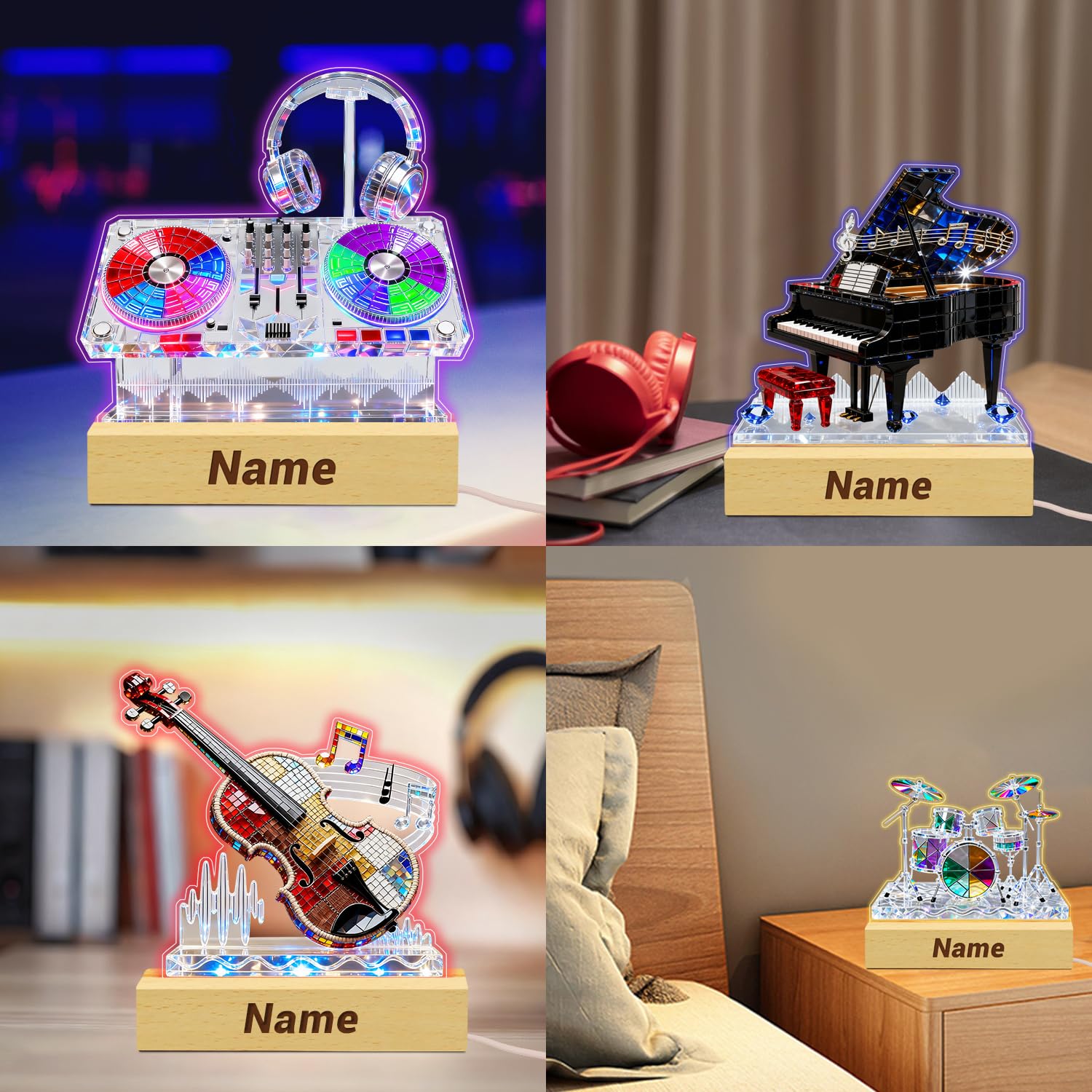 Personalized Name Violin Crystal Desktop Ornaments for Club Bedroom Office Custom Music Theme Stained Glass Acrylic Tabletop Plaque 2D Flat Electric Cello Figurine Sculpture for Violinist Cellist