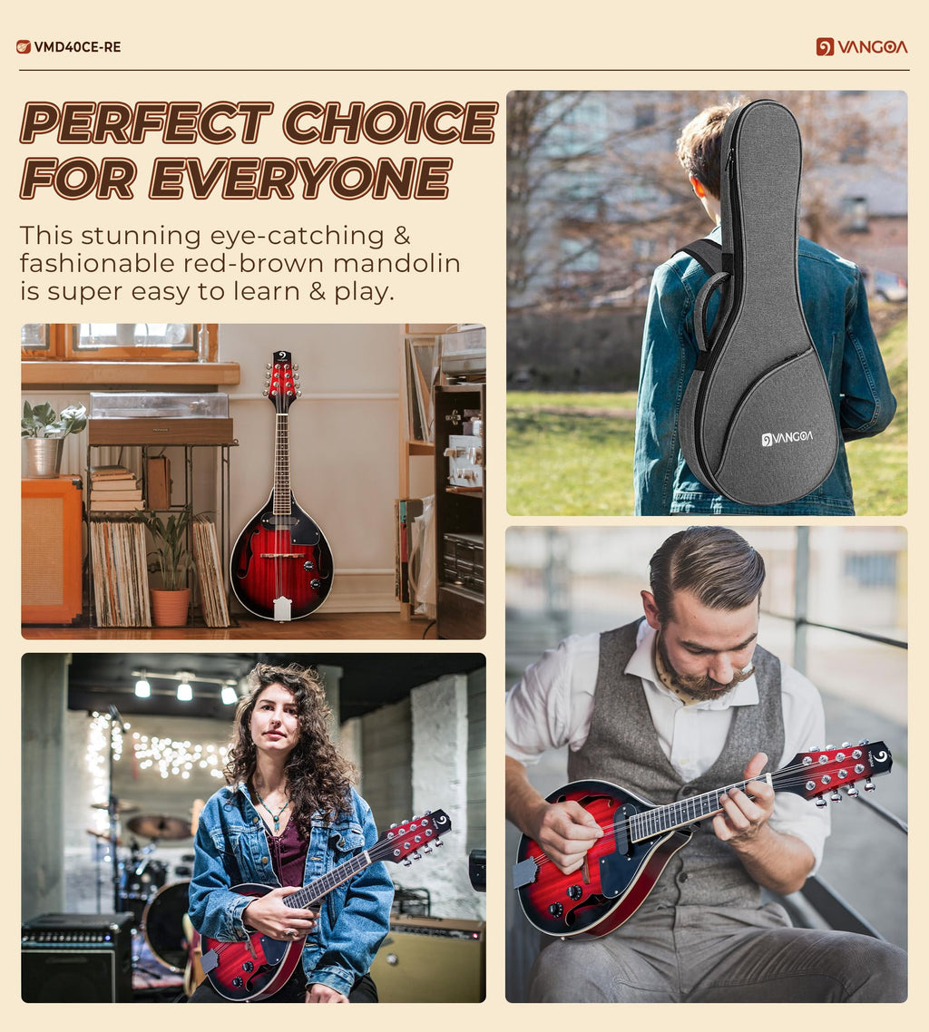 Vangoa Mandolin Musical Instrument A Style Acoustic Electric, 8 Strings Mahogany for Beginner Adults Teens, Red Burst