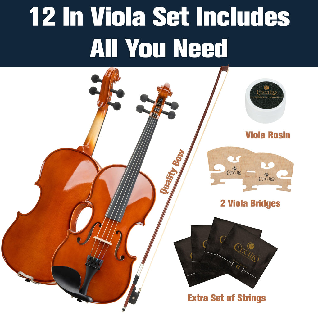 Mendini by Cecilio 14 Inch Solid Wood Viola Set for Beginners - Hand Carved Acoustic Viola Kit with Hard Case, Bow, Rosin, Bridge and Extra Strings