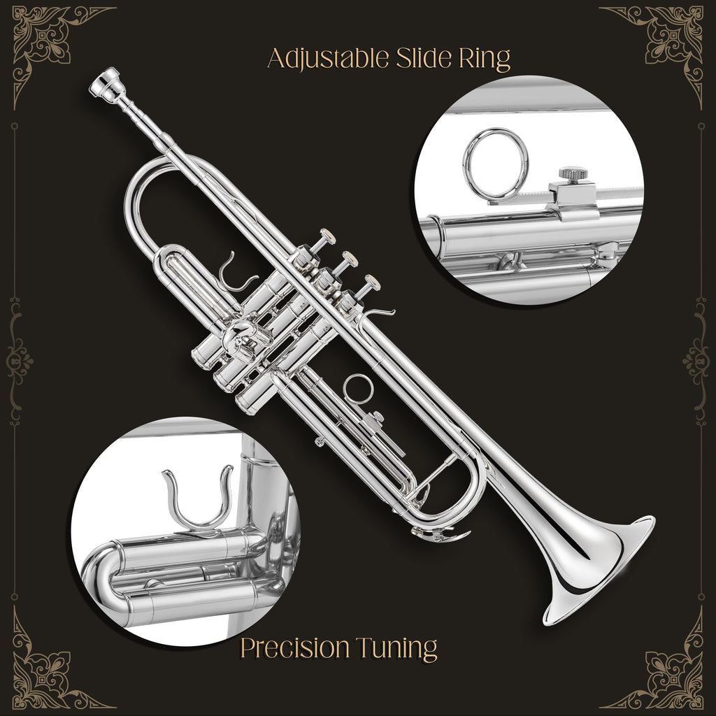 AKLOT Hand-Hammered Bell Bb Trumpet: Smooth Valve Action, Clear-Lacquered Brass Body, Standard Trumpet Beginner Set with Leather Case, Lesson Book, Trumpet Mute, Mouthpiece, Cleaning Kit (SNR-BrzED)