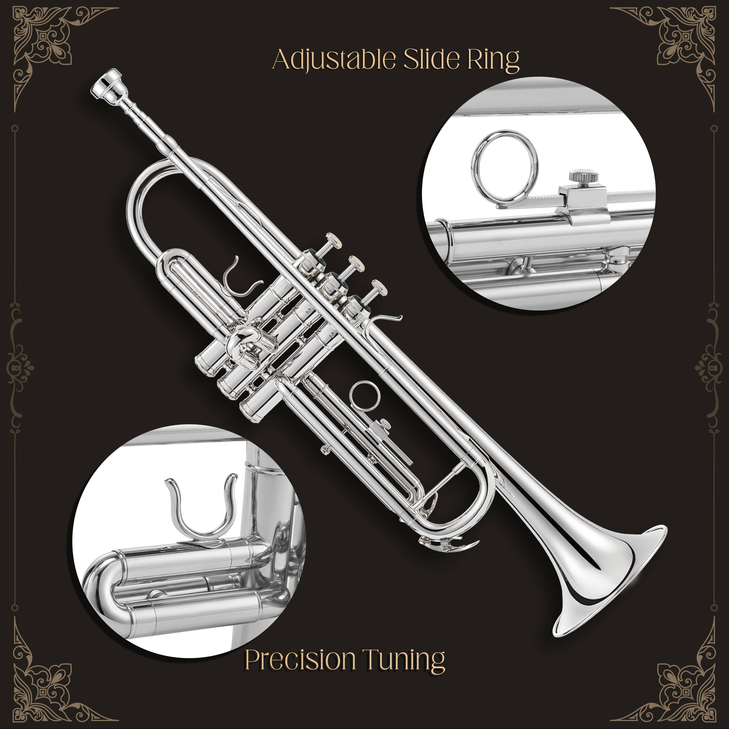 AKLOT Hand-Hammered Bell Bb Trumpet: Smooth Valve Action, Clear-Lacquered Brass Body, Standard Trumpet Beginner Set with Leather Case, Lesson Book, Trumpet Mute, Mouthpiece, Cleaning Kit (SNR-BrzED)