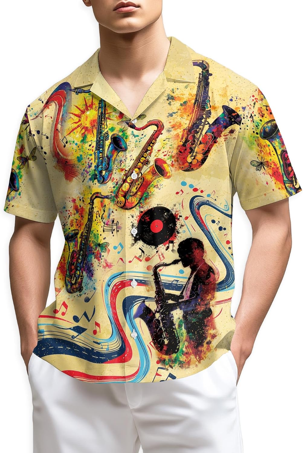Trombone Pattern Hawaiian Shirt for Men, Summer Vacation Button Down Shirt, Aloha Beach Short Sleeve Shirt, S-5XL