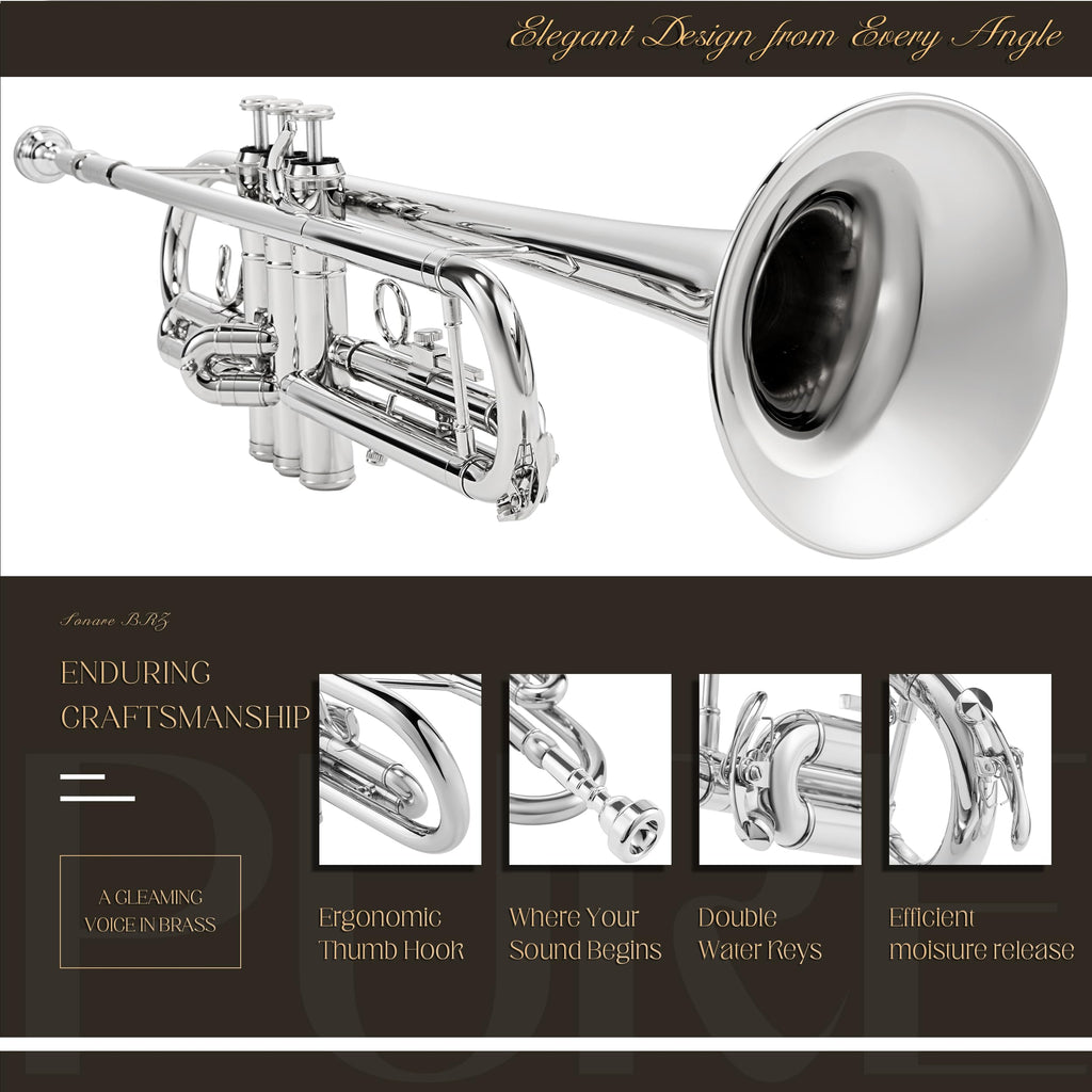 AKLOT Hand-Hammered Bell Bb Trumpet: Smooth Valve Action, Clear-Lacquered Brass Body, Standard Trumpet Beginner Set with Leather Case, Lesson Book, Trumpet Mute, Mouthpiece, Cleaning Kit (SNR-BrzED)