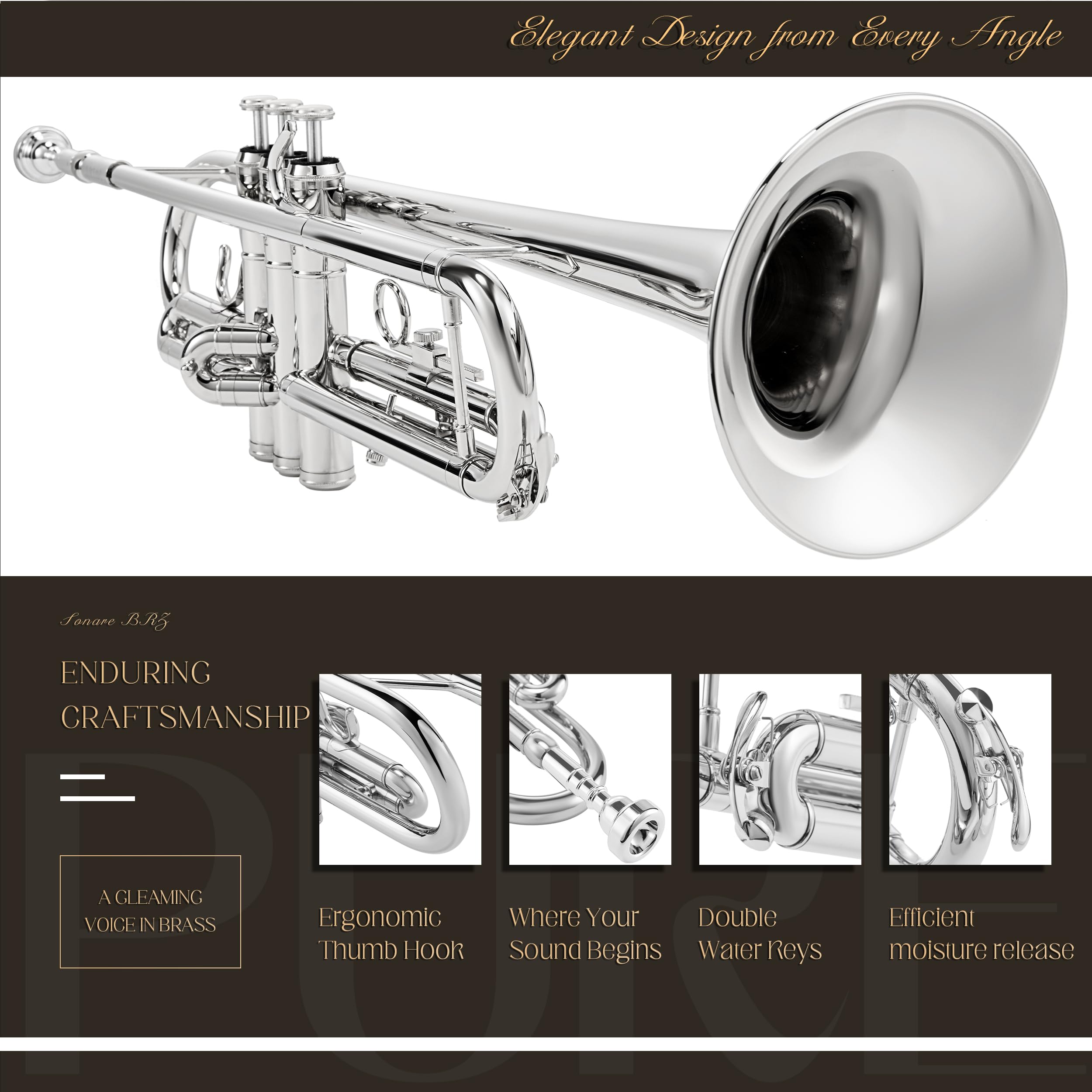 AKLOT Hand-Hammered Bell Bb Trumpet: Smooth Valve Action, Clear-Lacquered Brass Body, Standard Trumpet Beginner Set with Leather Case, Lesson Book, Trumpet Mute, Mouthpiece, Cleaning Kit (SNR-BrzED)