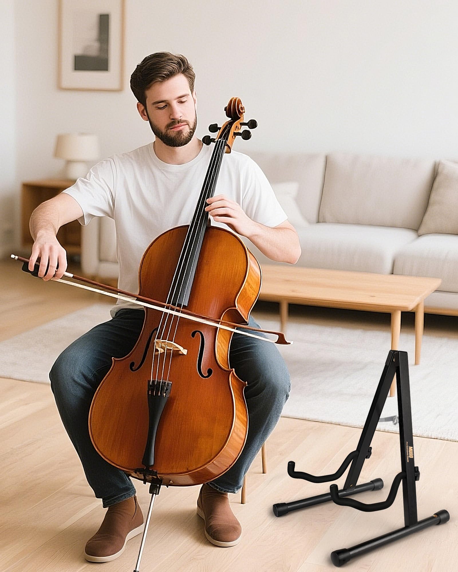 MUSO Cello Stand with Bow Holder,A-Frame Floor Stand with Padded Foam, Handcrafted Cello Rack Fits 1/2, 3/4, 7/8, 4/4 Full-Size and Guitar, Instrument Holder for Home and Studio Display