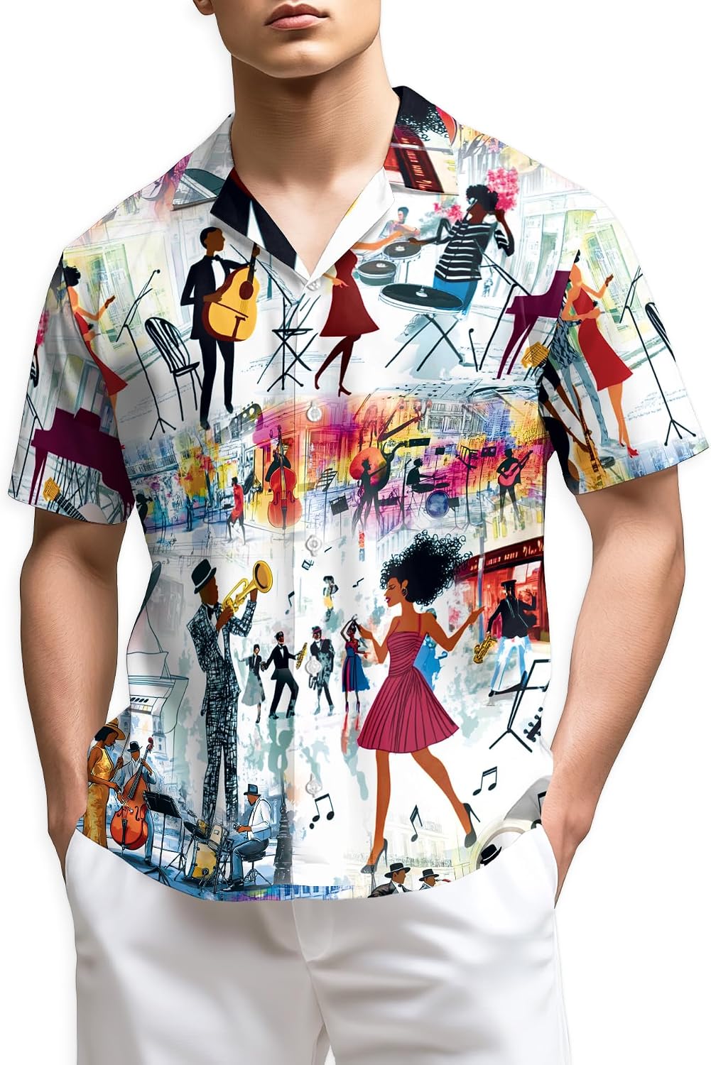 Trombone Pattern Hawaiian Shirt for Men, Summer Vacation Button Down Shirt, Aloha Beach Short Sleeve Shirt, S-5XL