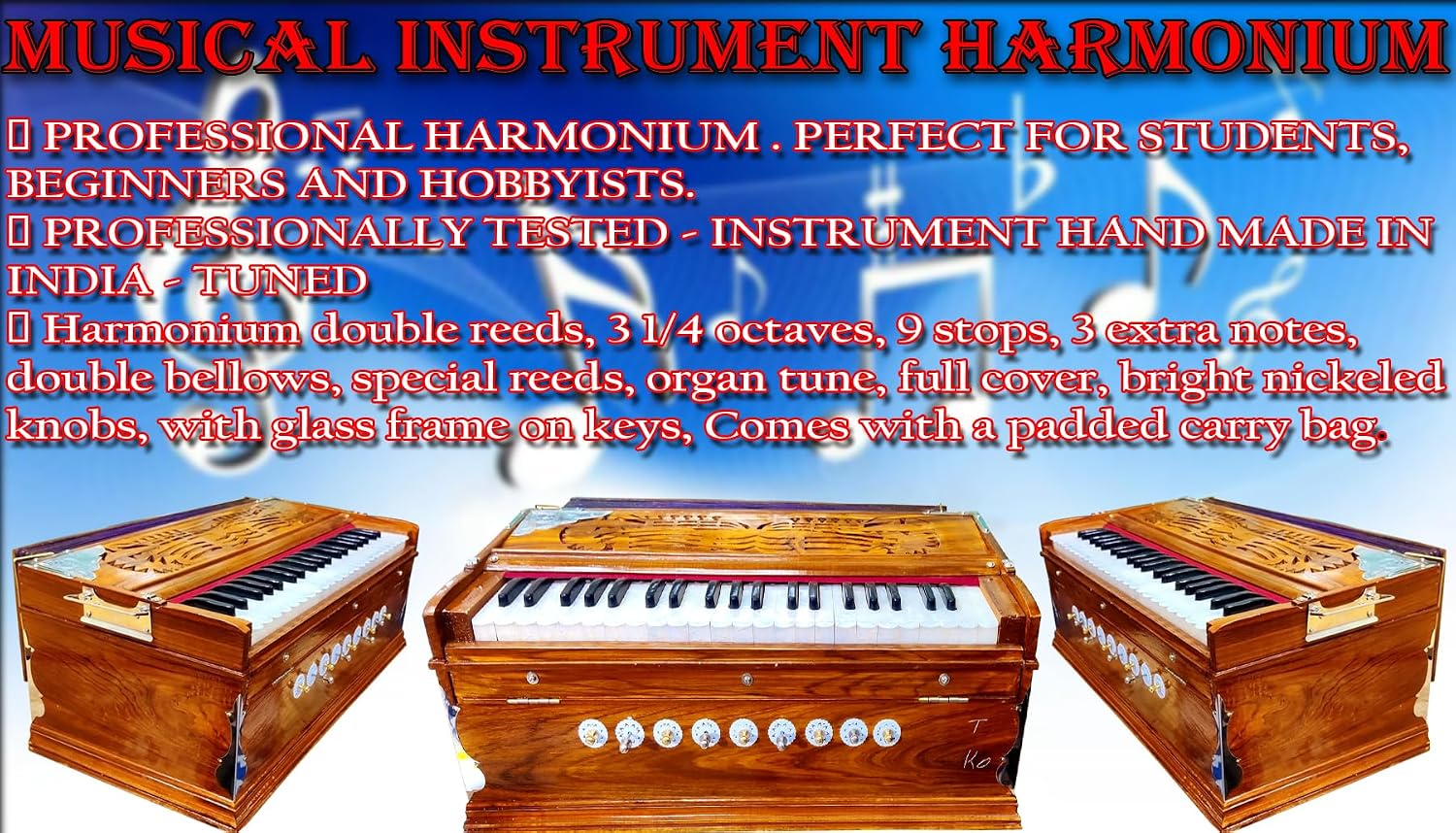Professional Harmonium | Double Reed 3.5 Octave | 9 Stops + 4 Extra Notes | | Padded Carry Bag | Indian Classical