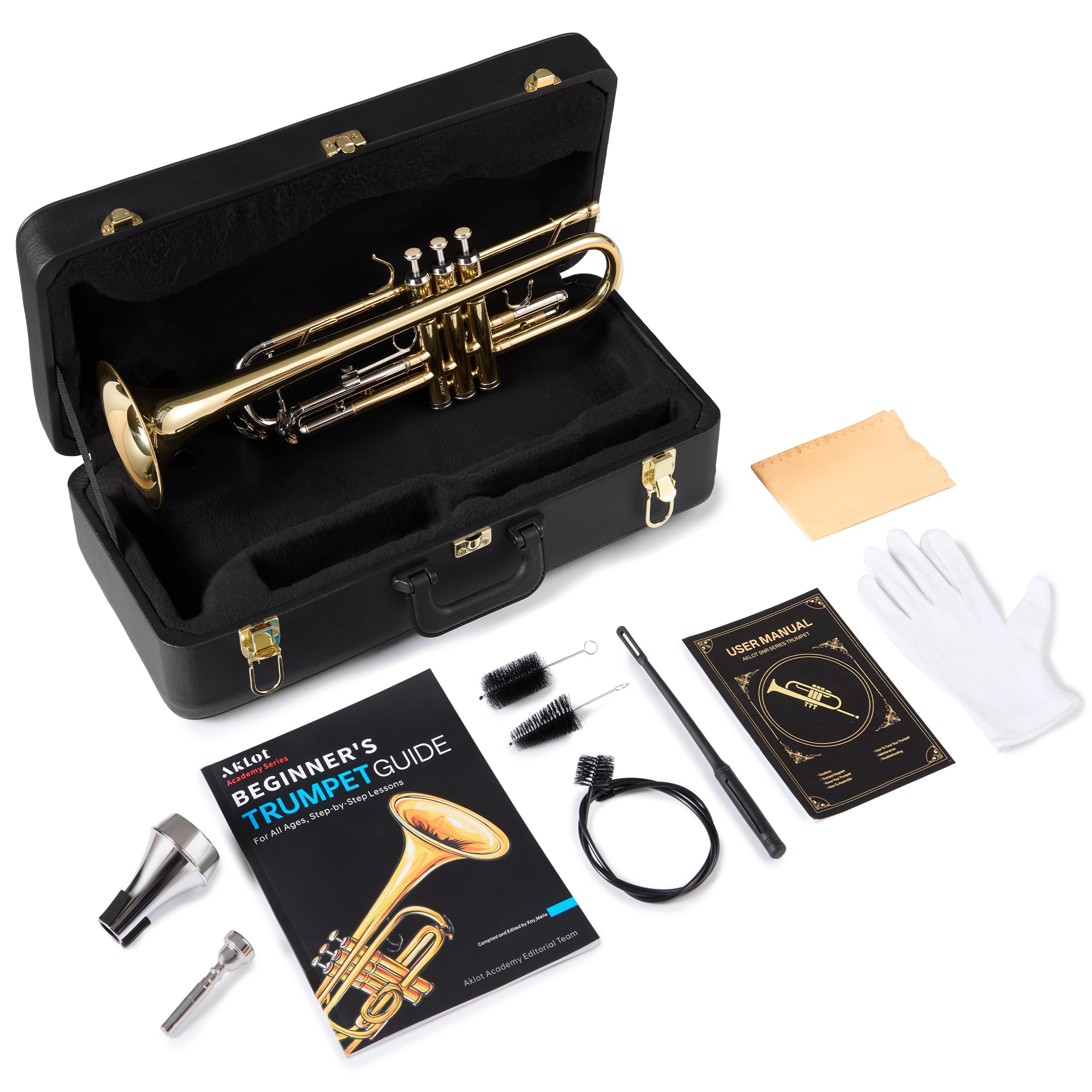 AKLOT Hand-Hammered Bell Bb Trumpet: Smooth Valve Action, Clear-Lacquered Brass Body, Standard Trumpet Beginner Set with Leather Case, Lesson Book, Trumpet Mute, Mouthpiece, Cleaning Kit (SNR-BrzED)