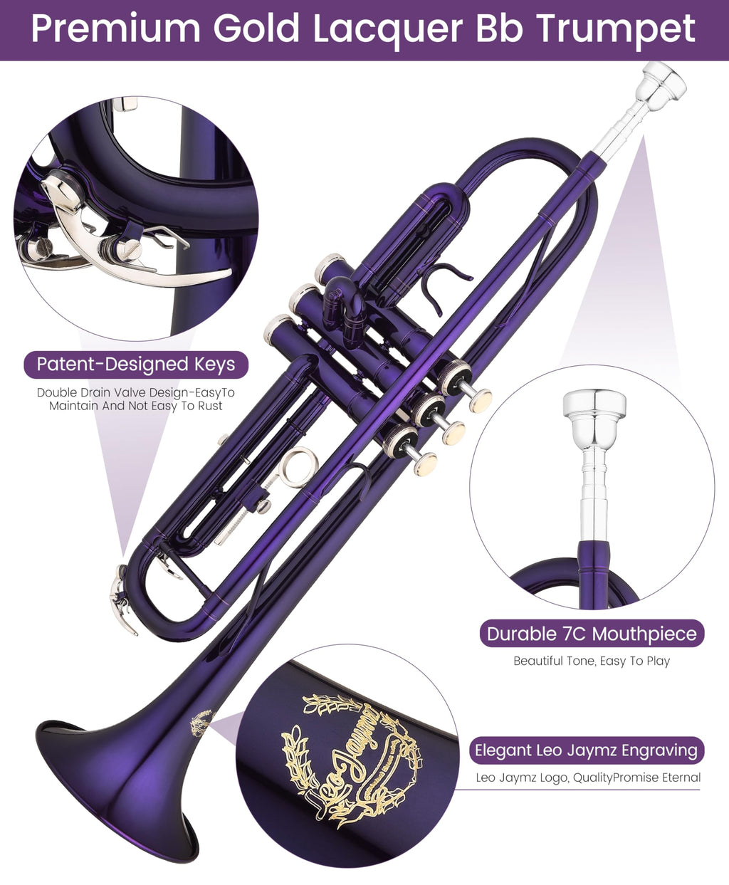 Leo Jaymz Bb Trumpet for Beginners, Brass Student Trumpet Kit with Case, 7C Mouthpiece, Cleaning Kit, Standard B Flat Instrument,Nickel