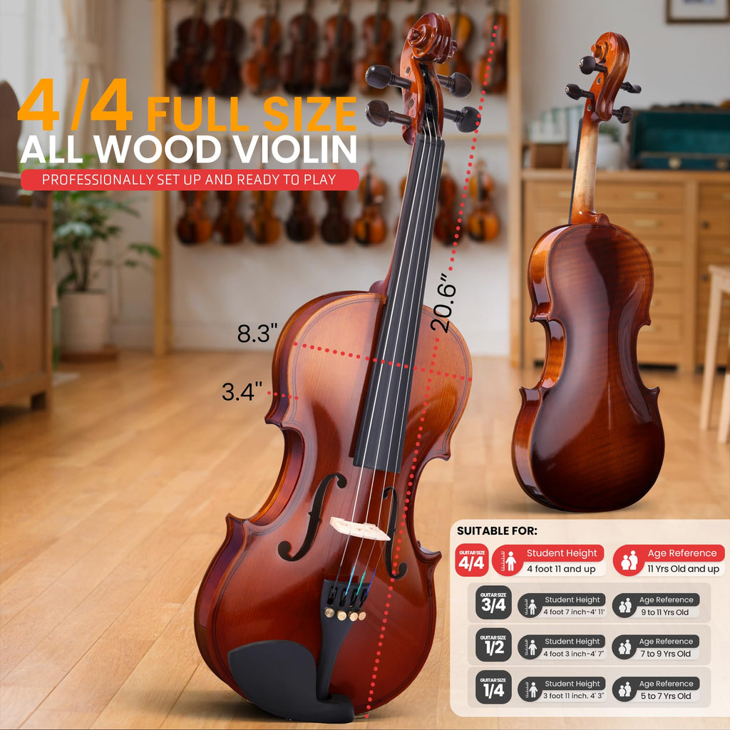 Pyle 4/4 Full Size Acoustic Violin for Beginners – Complete Violins Set with Hard Case, Bow, Extra Strings, Rosin, Full Accessories Kit - Mobile App Tuner 2 Month Free Lessons for Kids & Adults