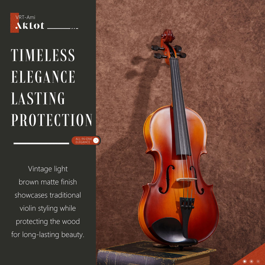 AKLOT Handcrafted Full Size Violin: Solid Wood Matte Fiddle, Acoustic Beginner 4/4 Violin Kit with Hard Case, Lesson Book, Bow, Shoulder Rest, Extra Strings, Tuner, Fretboard Stickers (VRT-AmiCS)