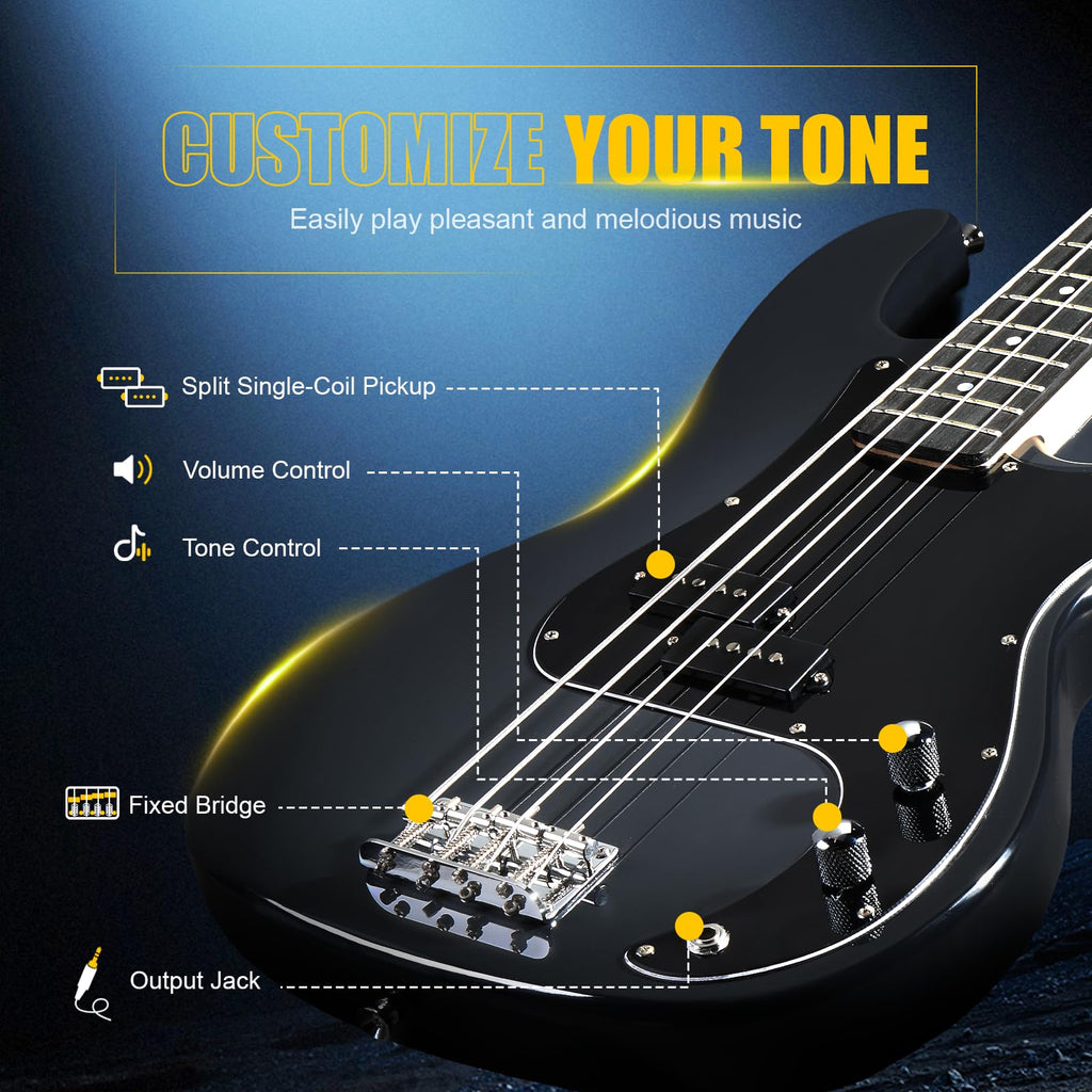 GLARRY Full Size Electric Bass Guitar Beginner Kit 4 String Exquisite Basswood Bass with 20W AMP, Cable, Strap, Bag and Accessories (Black, 39"Right Handed)
