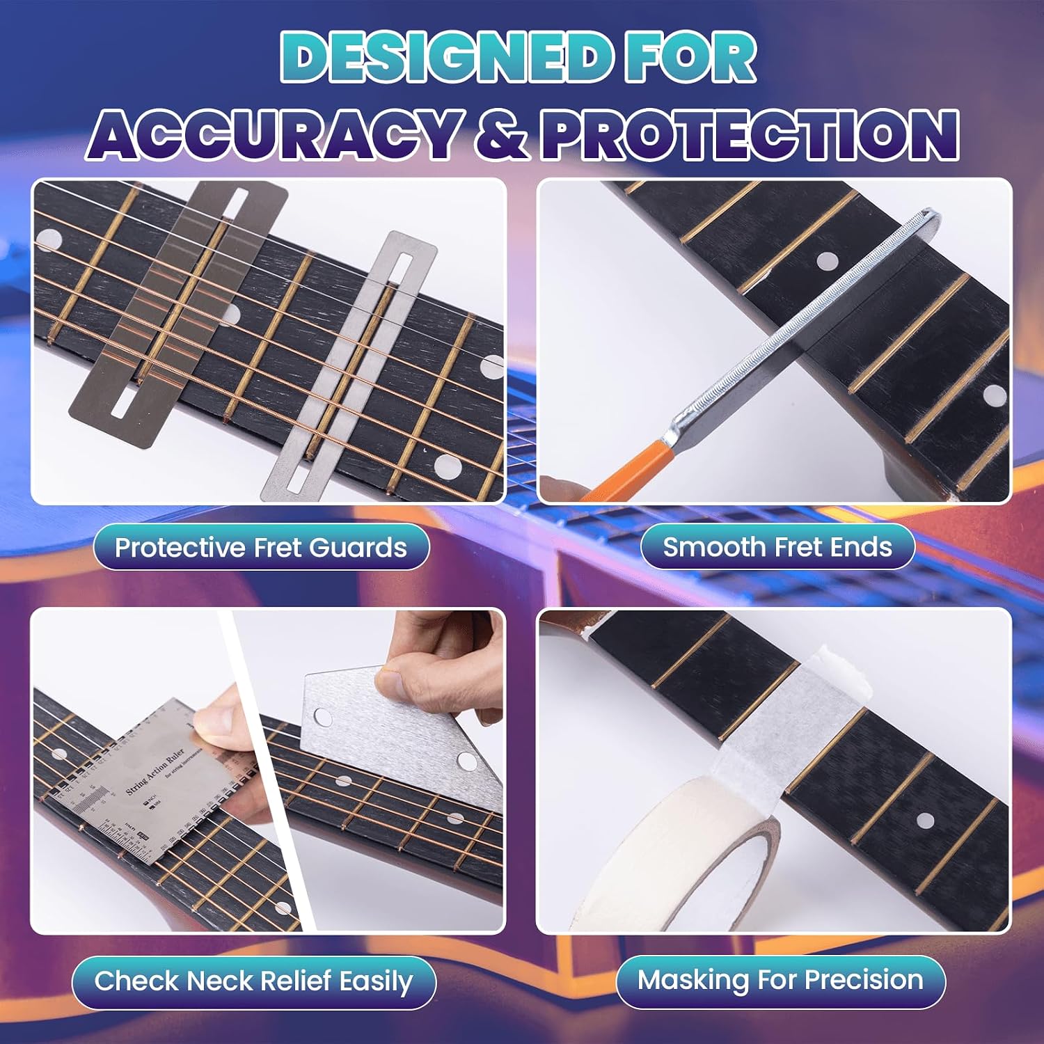 Complete Fret Leveling Kit with 18" Beam, Notched Ruler, Sandpaper (120–1000 Grit), Fret Rocker, Crowning File & Guitar Setup Tools – Guitar & Bass Maintenance Kit