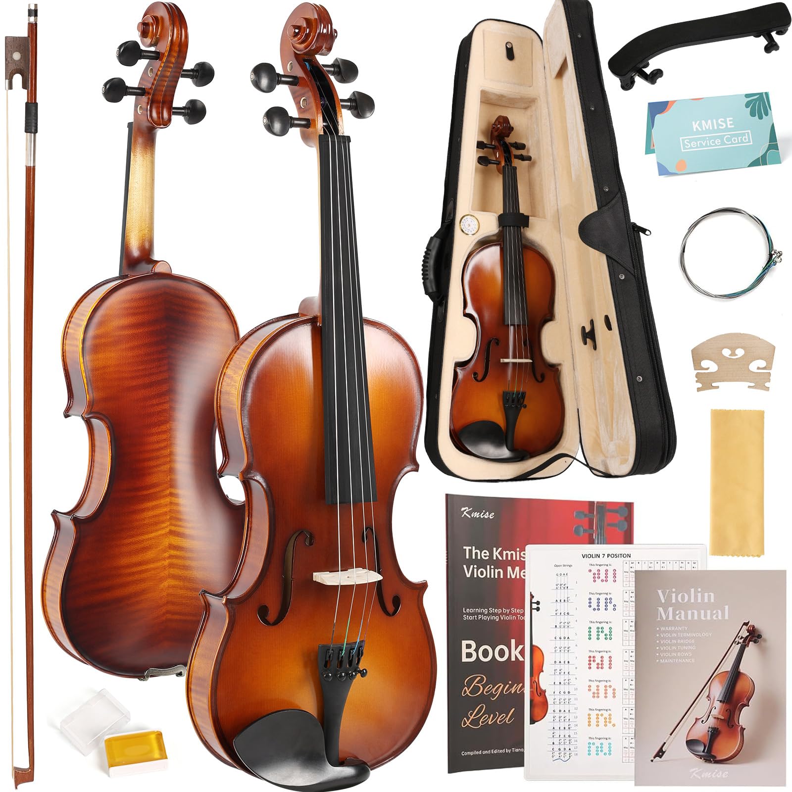 Kmise Violin 4/4 Full Set, Fingerboard Fret Markings Violins, Matte Acoustic Fiddle for Adults, Beginners, Students with Violin Case, Rosin, Strings, Bow, Shoulder Rest, Beginner's Guide (Matte, 4/4)