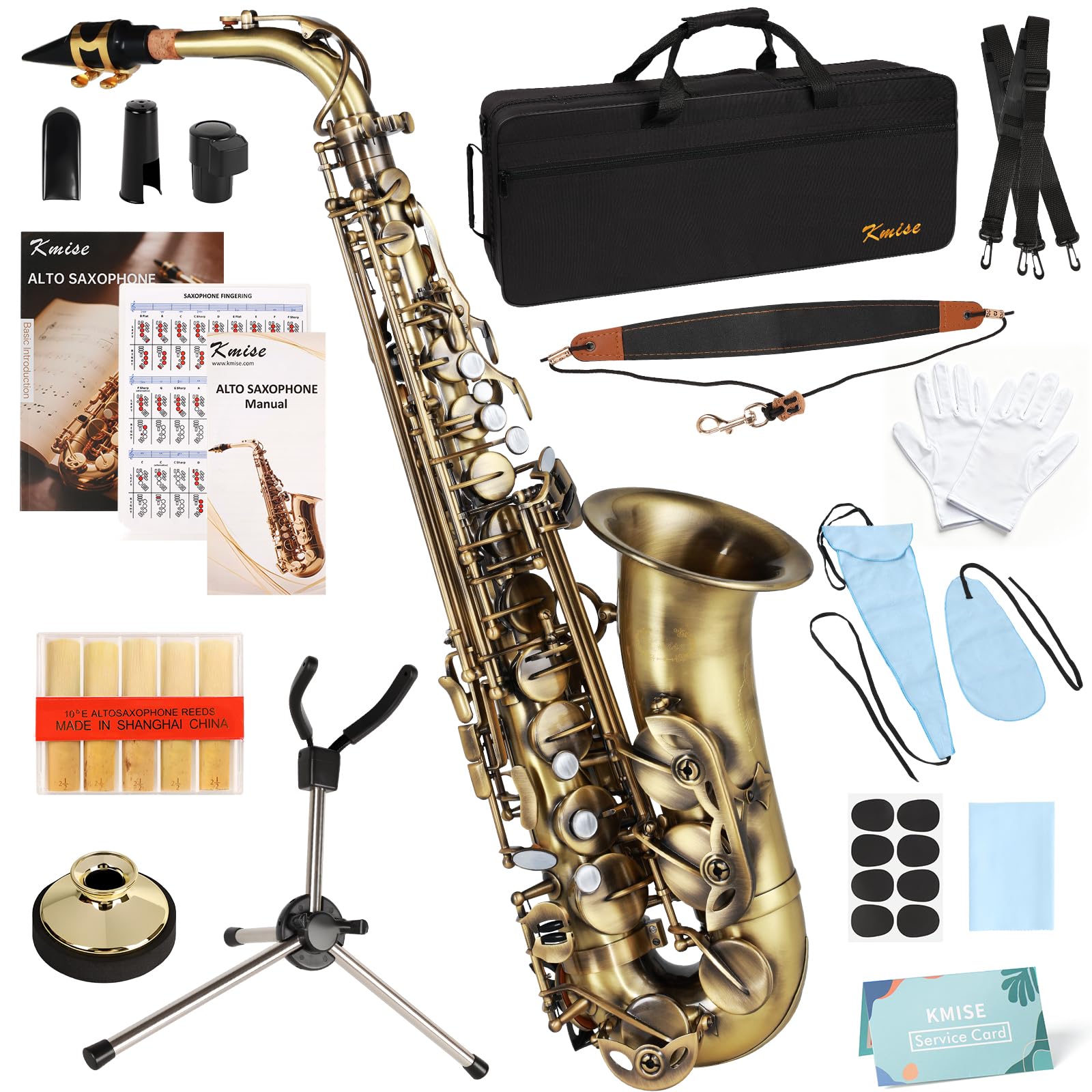 Kmise E Flat Alto Saxophone, Lightweight Saxophones for Students Beginner, Saxofon Full Kit with Portable Case, Sax Stand, Strap, Reeds, Beginner's Guides, Mute, Cleaning Kit (Gold Lacquer)
