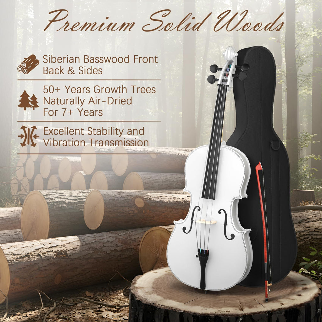 Full Size Cello Kit, Acoustic Cello Instrument for Adults,Beginners,Students,Complete Cello 4/4 Set with Portable Bag, Bow, Rosin (Black)