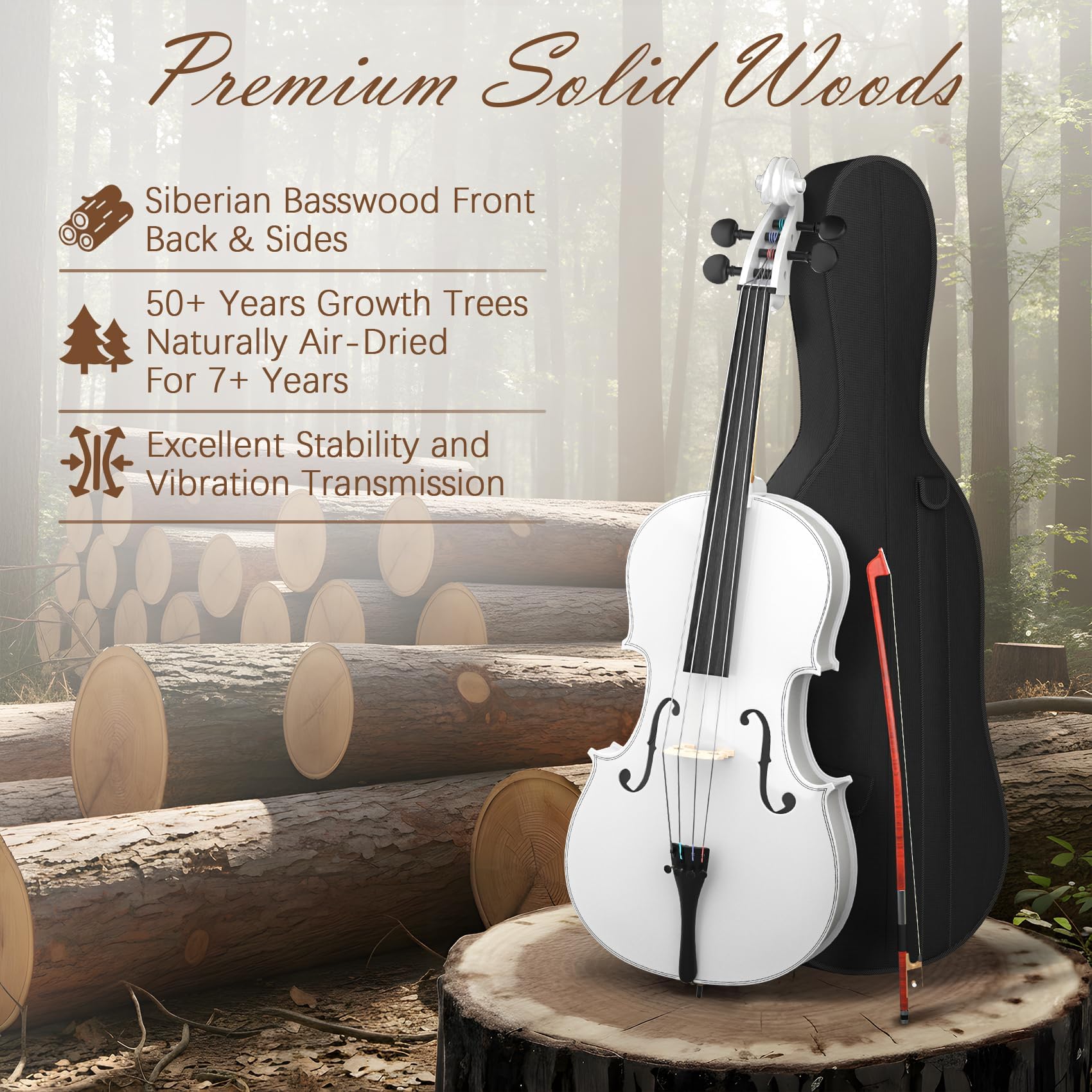 Full Size Cello Kit, Acoustic Cello Instrument for Adults,Beginners,Students,Complete Cello 4/4 Set with Portable Bag, Bow, Rosin (Black)