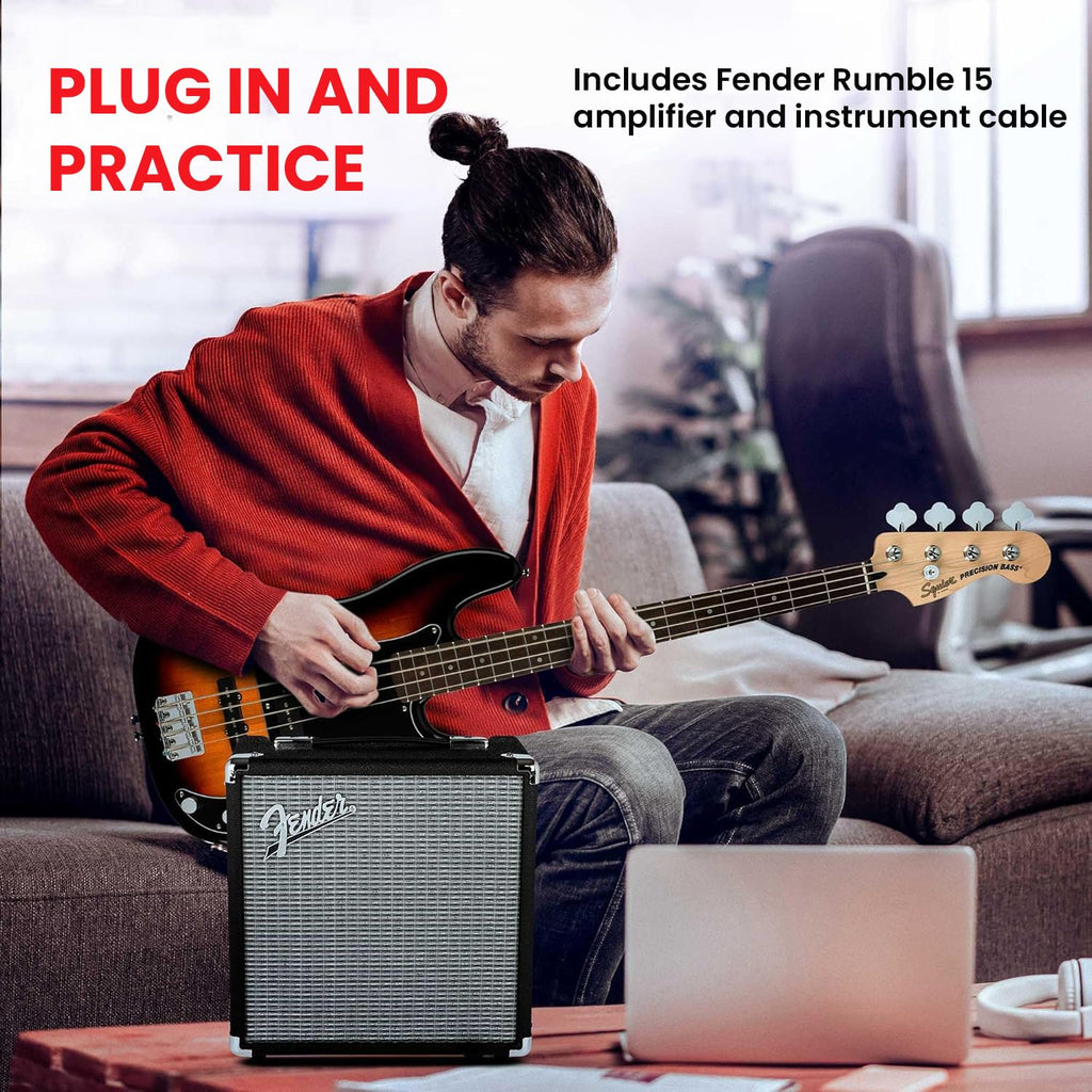 Fender Squier Affinity Precision Bass PJ - Surf Green Bundle with Rumble 15 Amplifier, Instrument Cable, Gig Bag, Tuner, Strap, and Austin Bazaar Instructional DVD